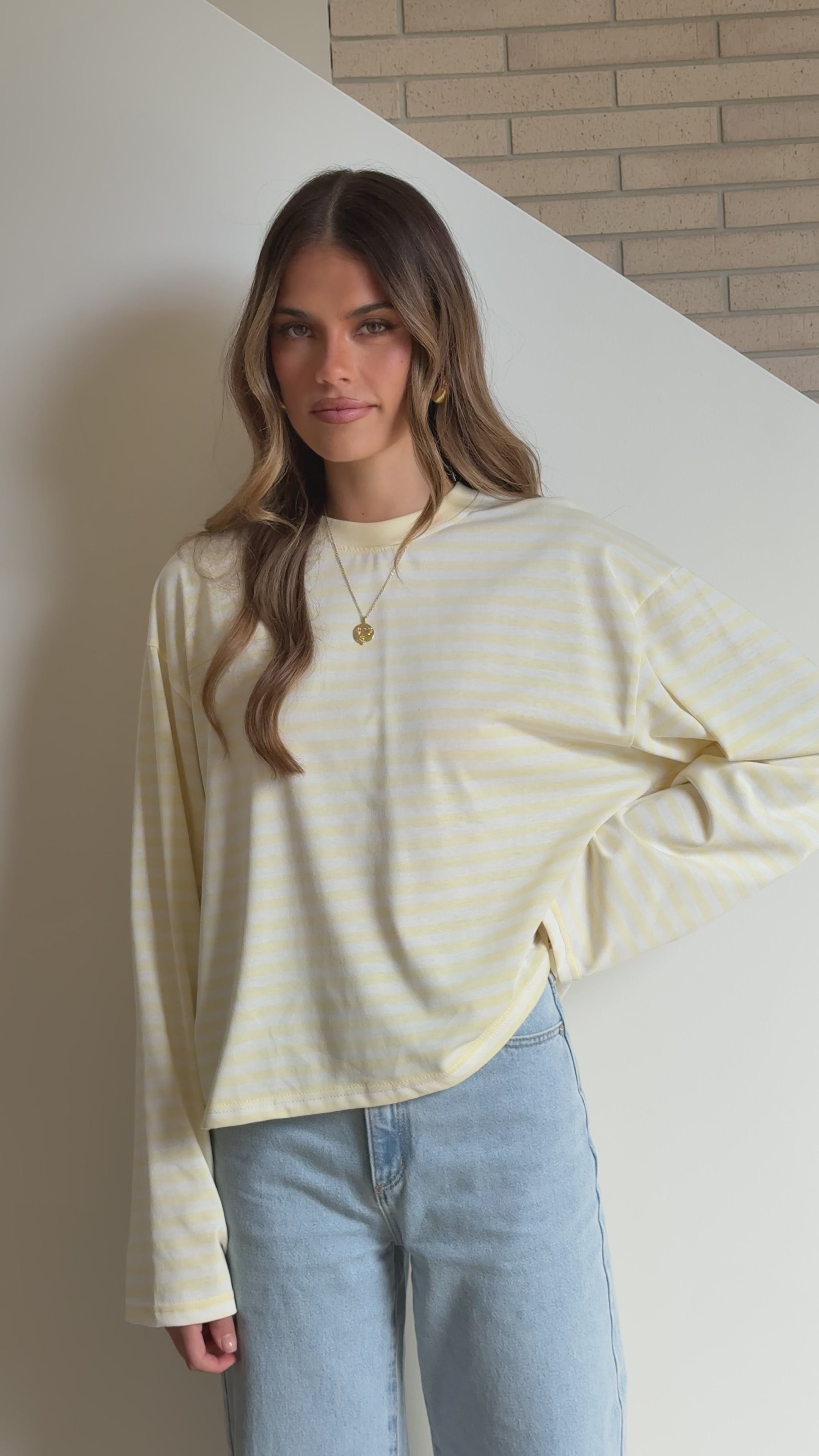 Load video: Solana Long Sleeve Top - Yellow Stripe - Billy J