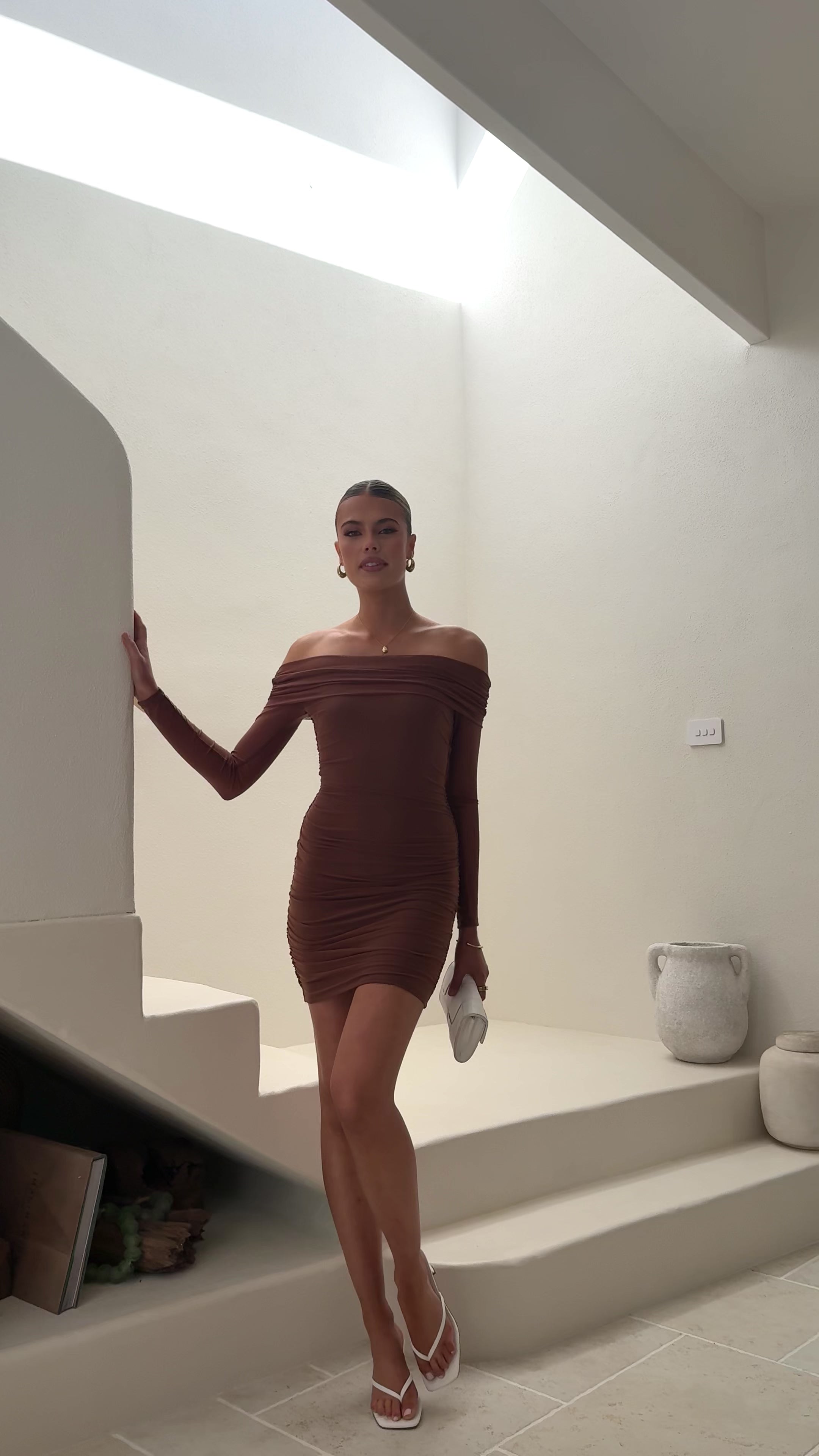 Load video: Isadora Off Shoulder Mini Dress - Chocolate - Billy J