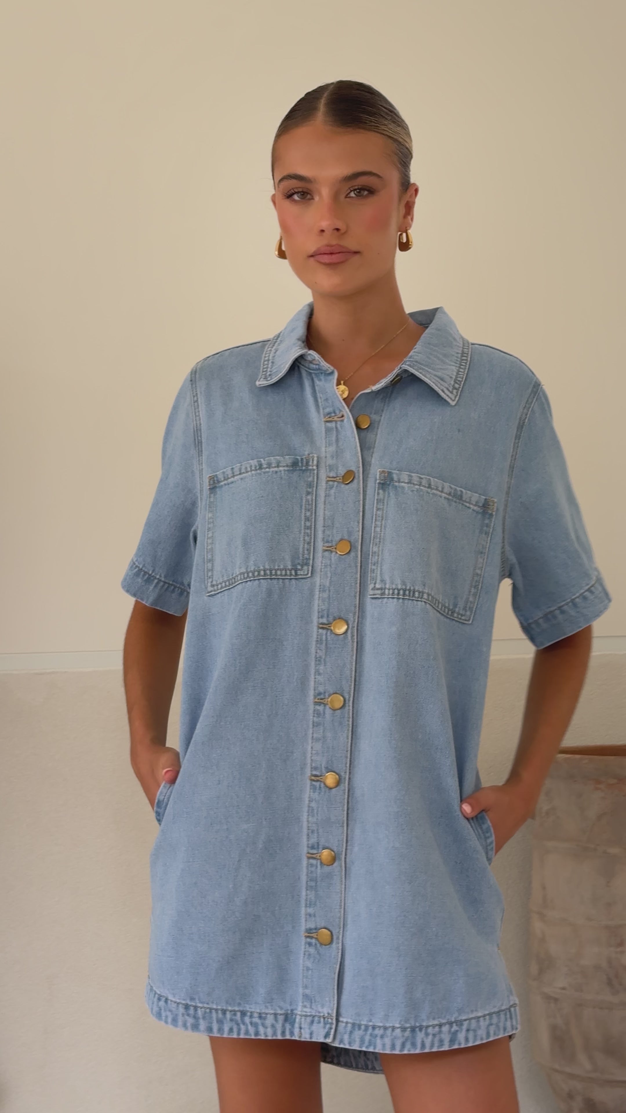 Load video: Rayna Denim Mini Dress - Light Denim - Billy J