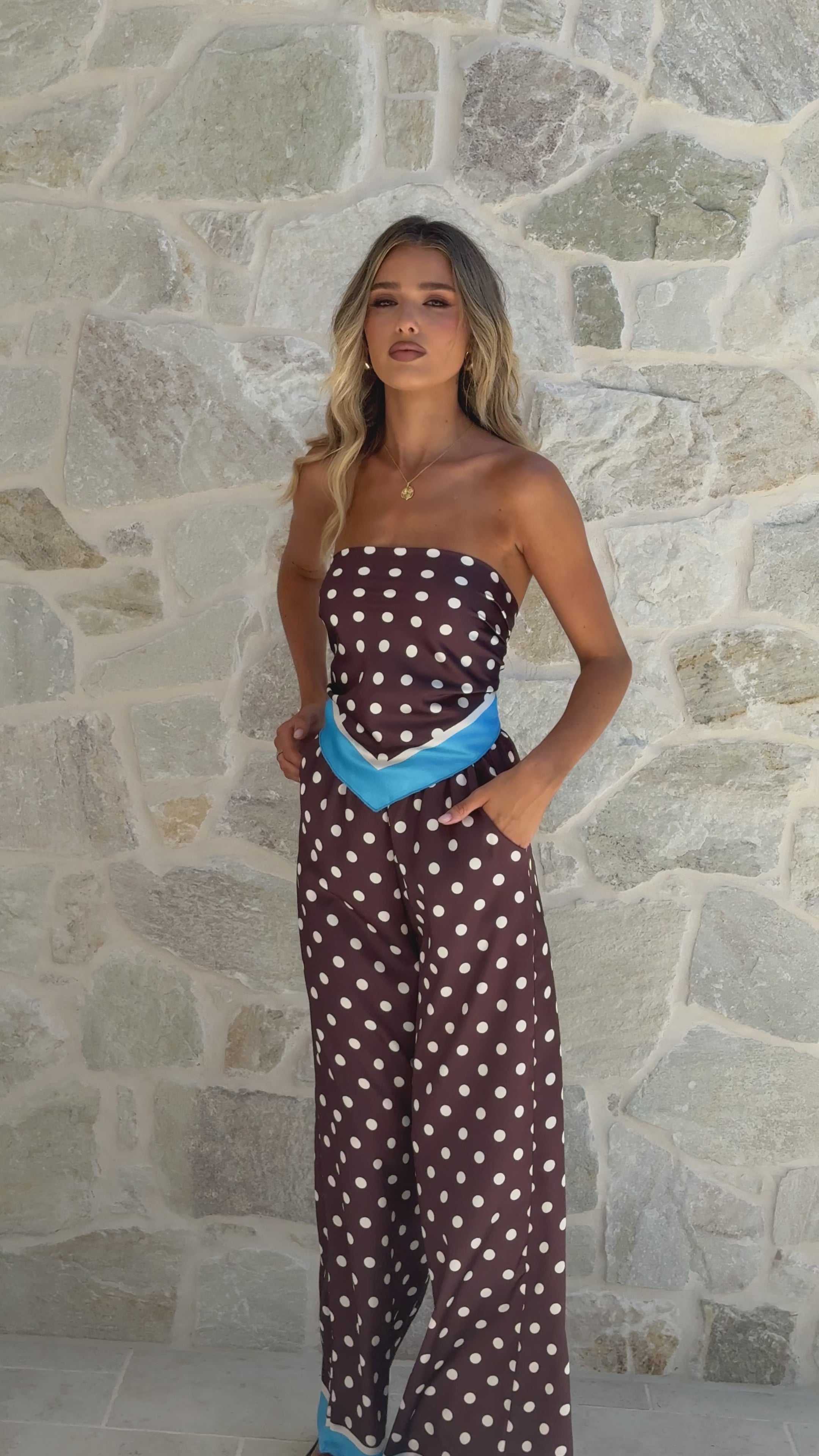 Load video: Harley Scarf Top and Pants Set - Brown Polka - Billy J