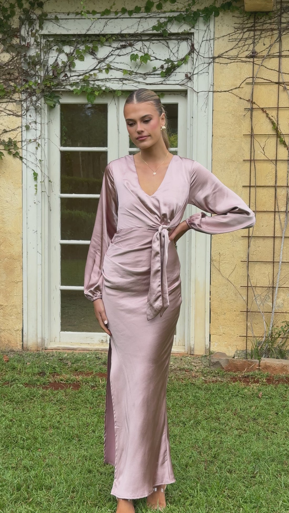 Ivy Long Sleeve Tie Front Maxi Dress - Dusty Pink - Billy J