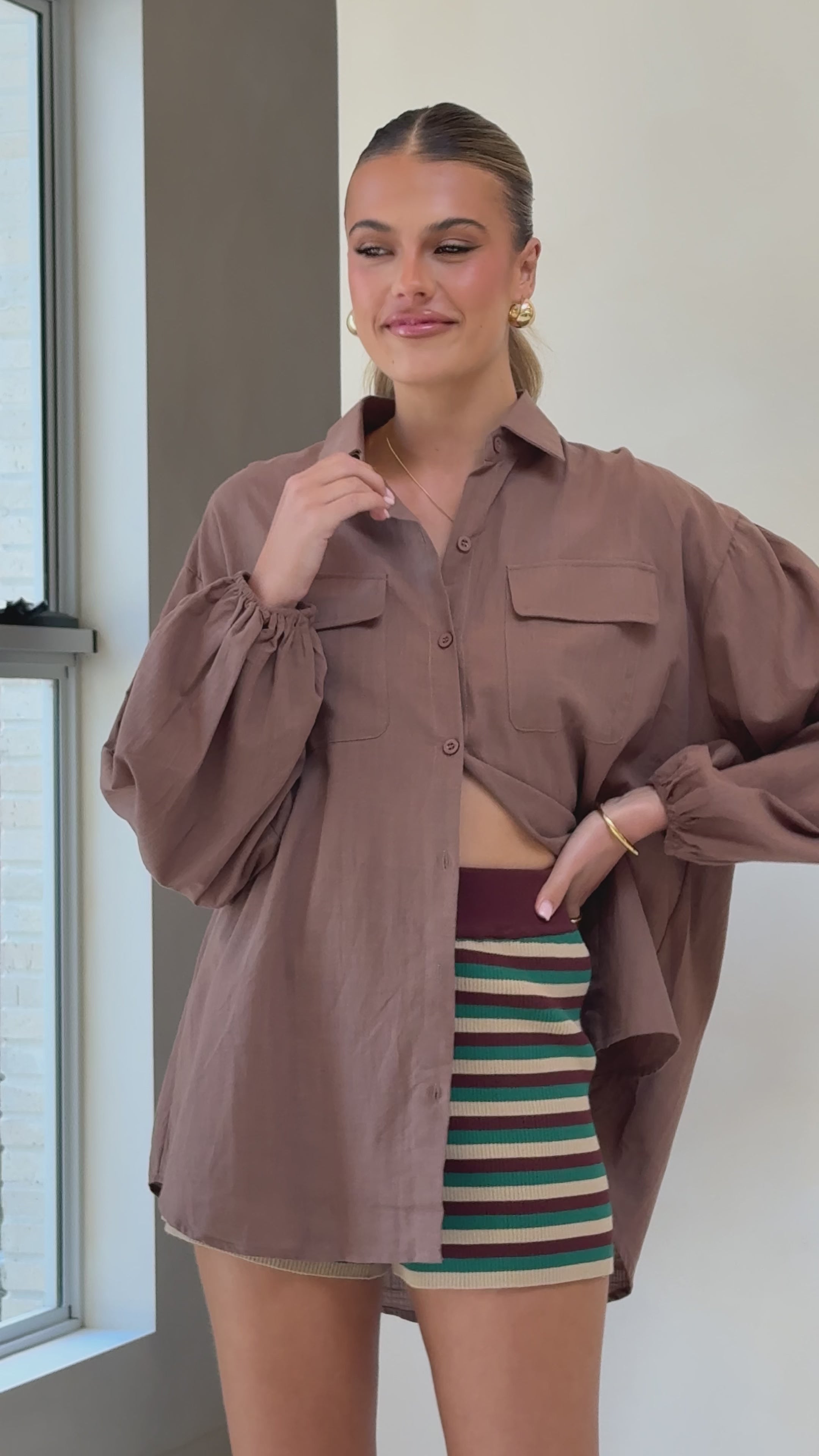 Load video: Bianca Oversized Button Up Shirt - Brown - Billy J