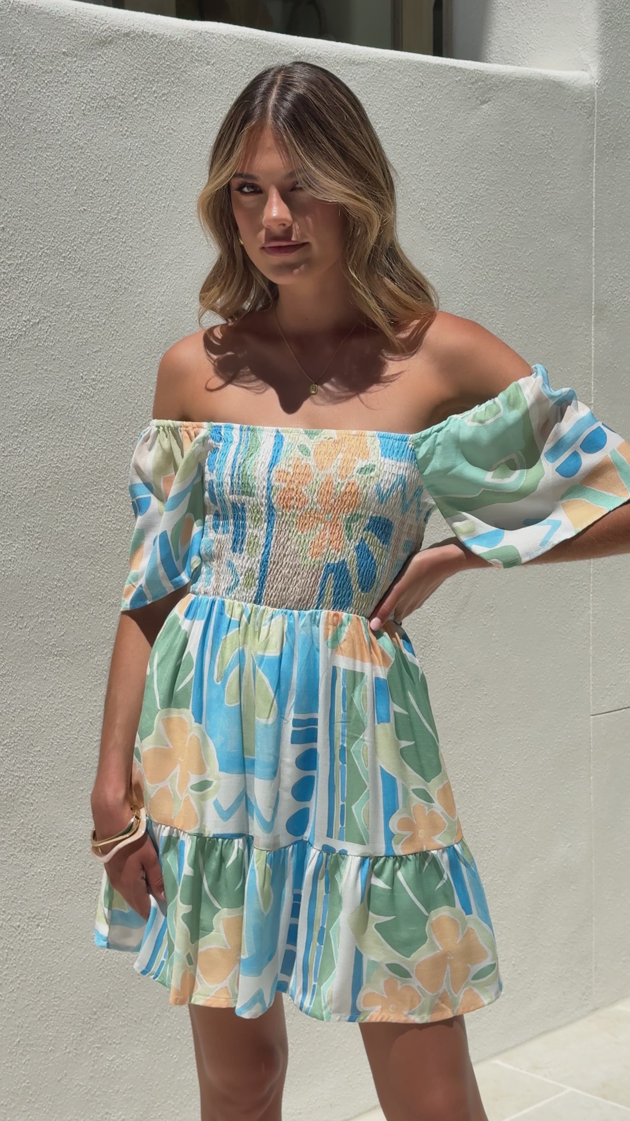 Load video: Morgan Short Sleeve Mini Dress - Summer Breeze - Billy J