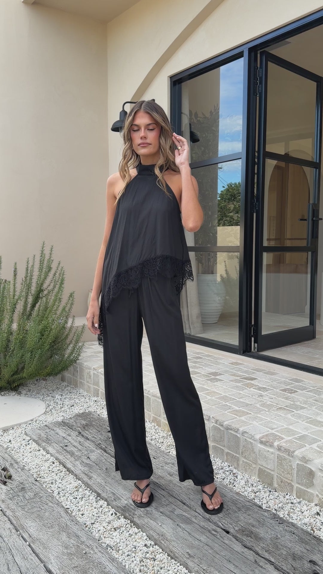 Load video: Elaia High Neck Top &amp; Pants Set - Black - Billy J