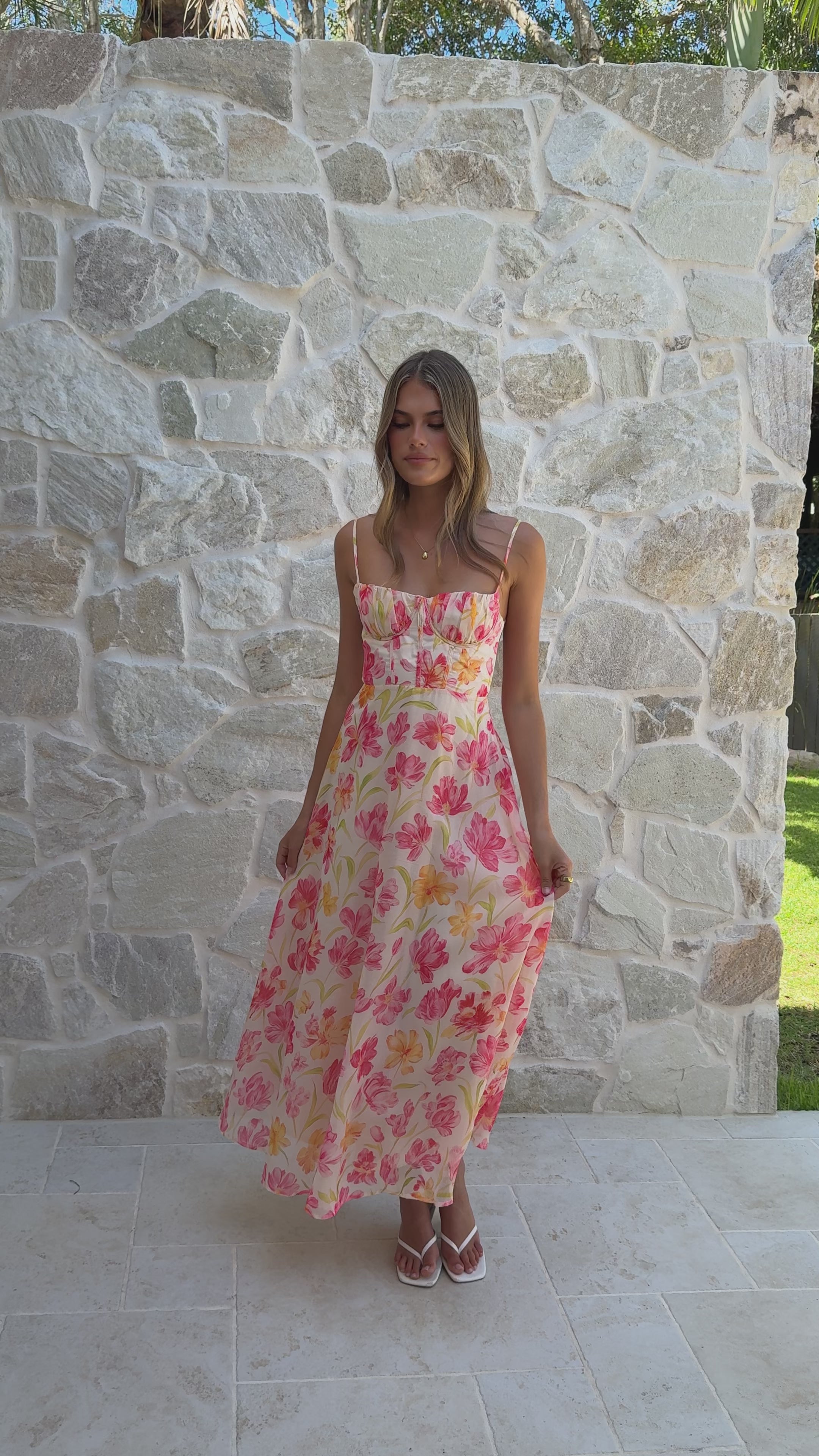 Load video: Rahima Maxi Dress - Pink/Yellow Flower - Billy J