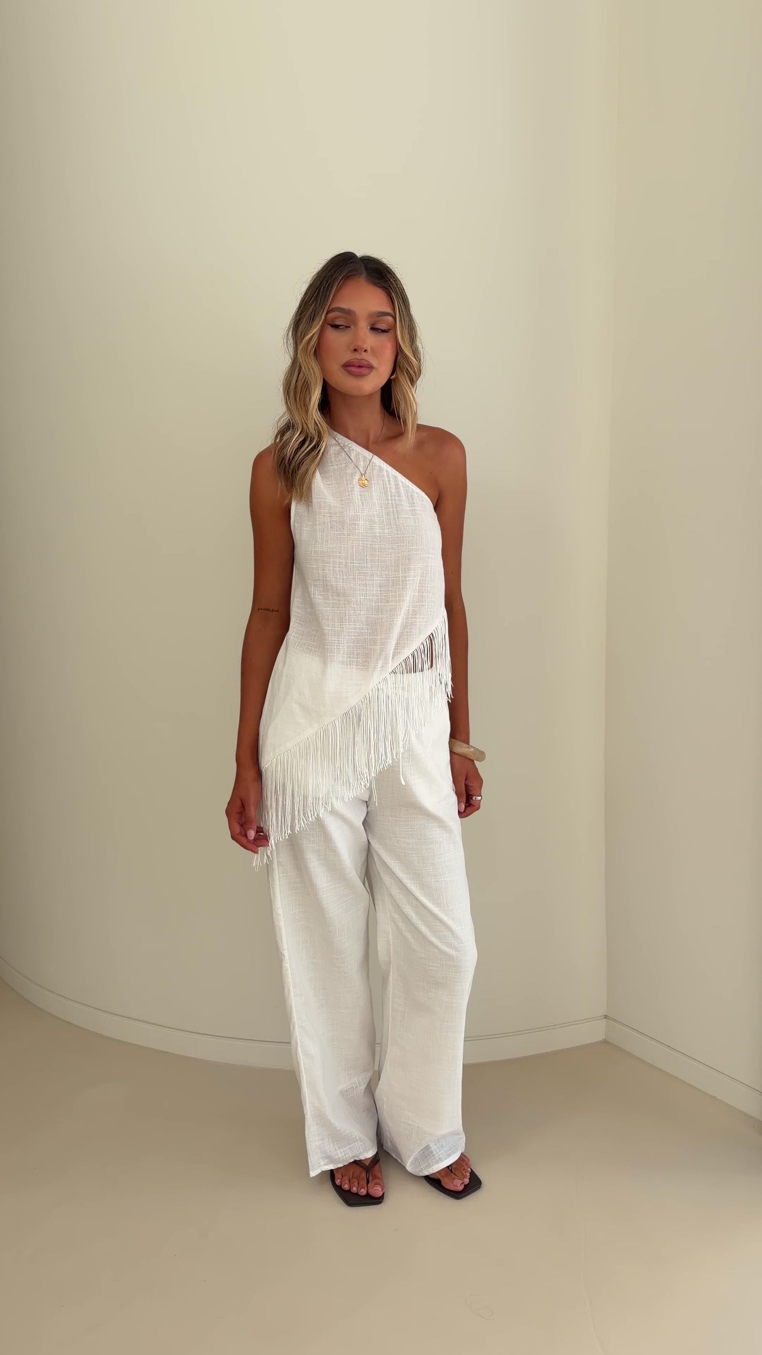 Nancia One Shoulder Fringe Top and Pants Set - White - Billy J