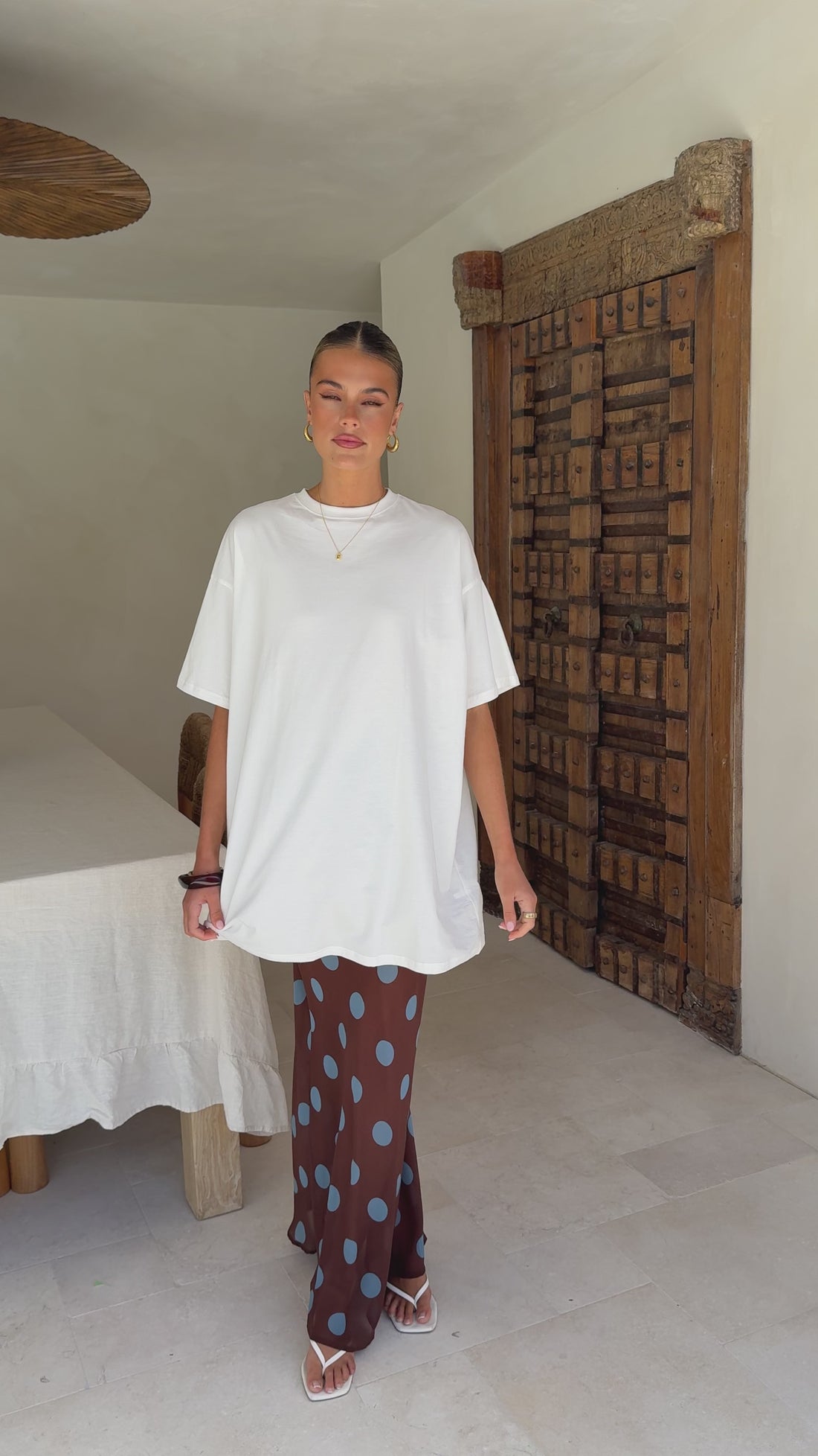 Yumi Oversized Tee and Sheer Skirt Set - White/Brown/Blue Polka - Billy J
