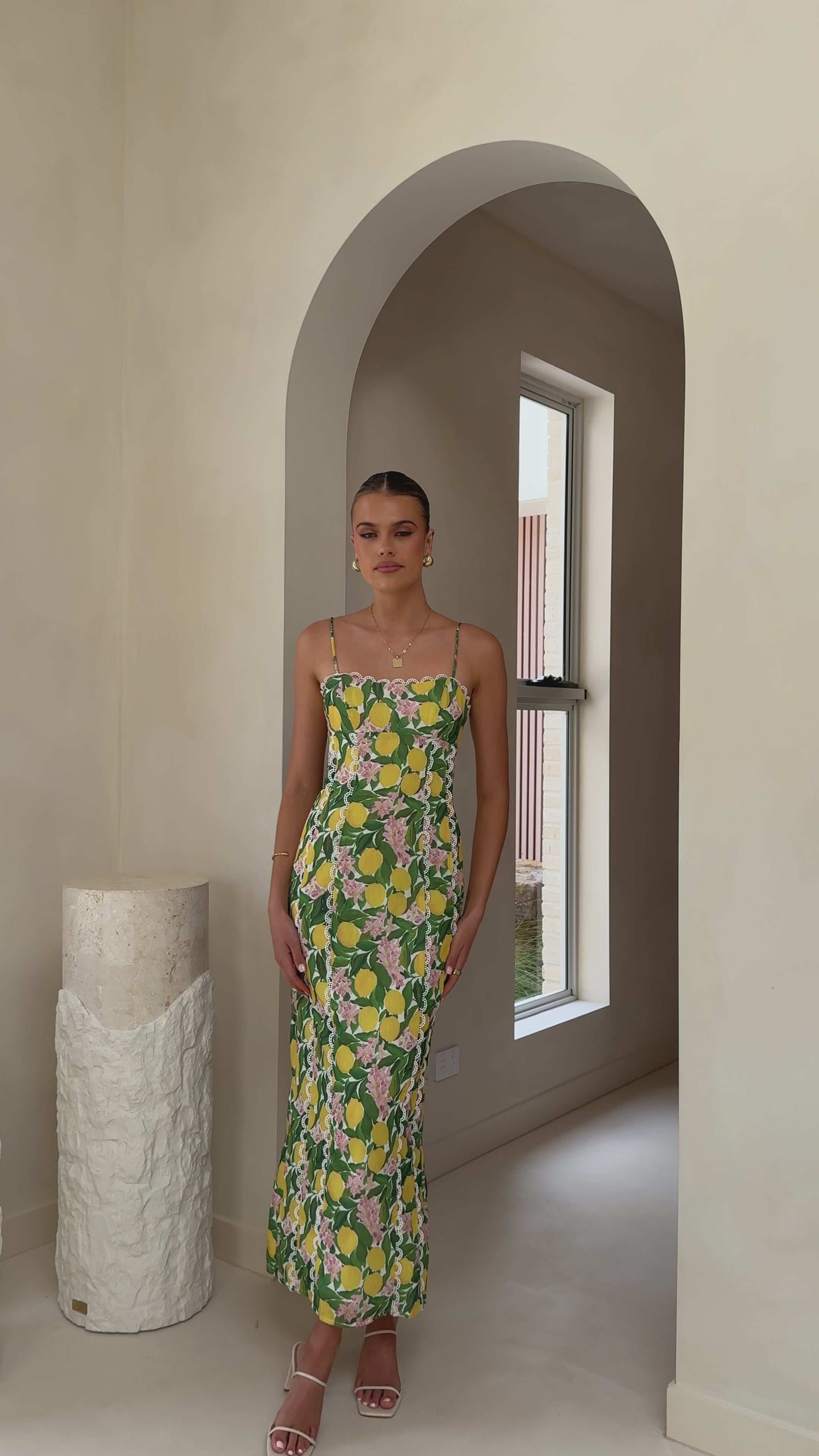 Load video: Carlia Midi Dress - Lemon Print - Billy J