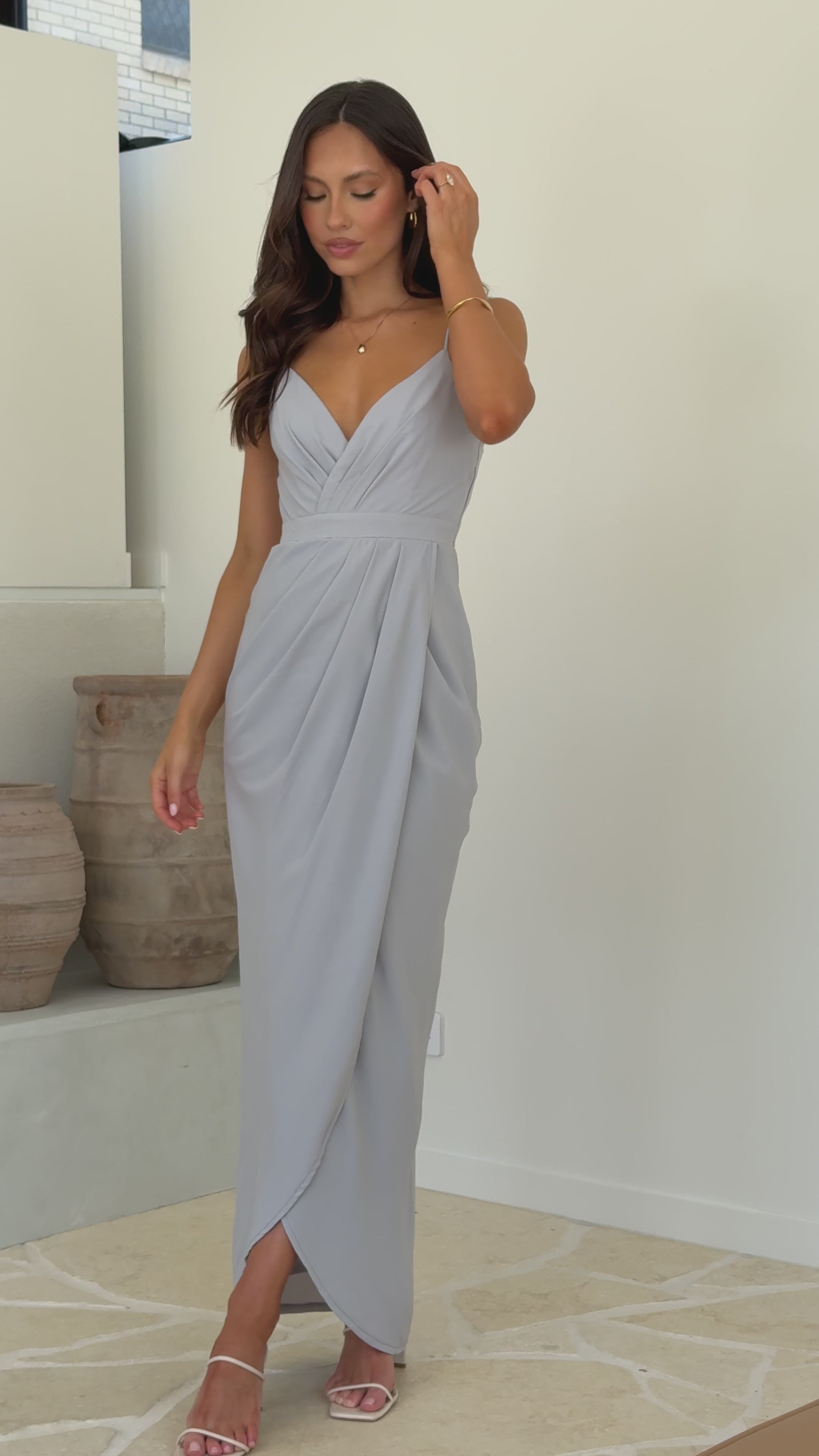 Load video: Charlotte Draped Maxi Dress - Silver - Billy J