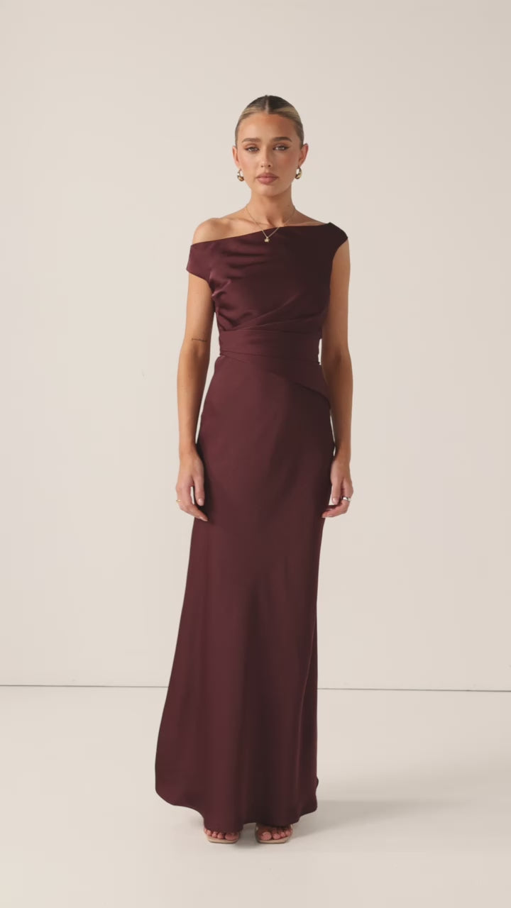 Load video: Auria Off Shoulder Maxi Dress - Chocolate - Billy J