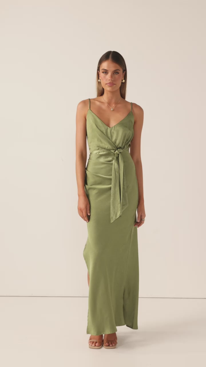 Load video: Yasmeen Tie Front Maxi Dress - Olive