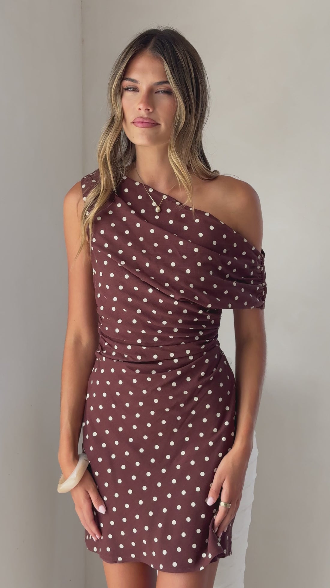 Benni Asymmetric Mini Dress - Chocolate/Nude Spot - Billy J