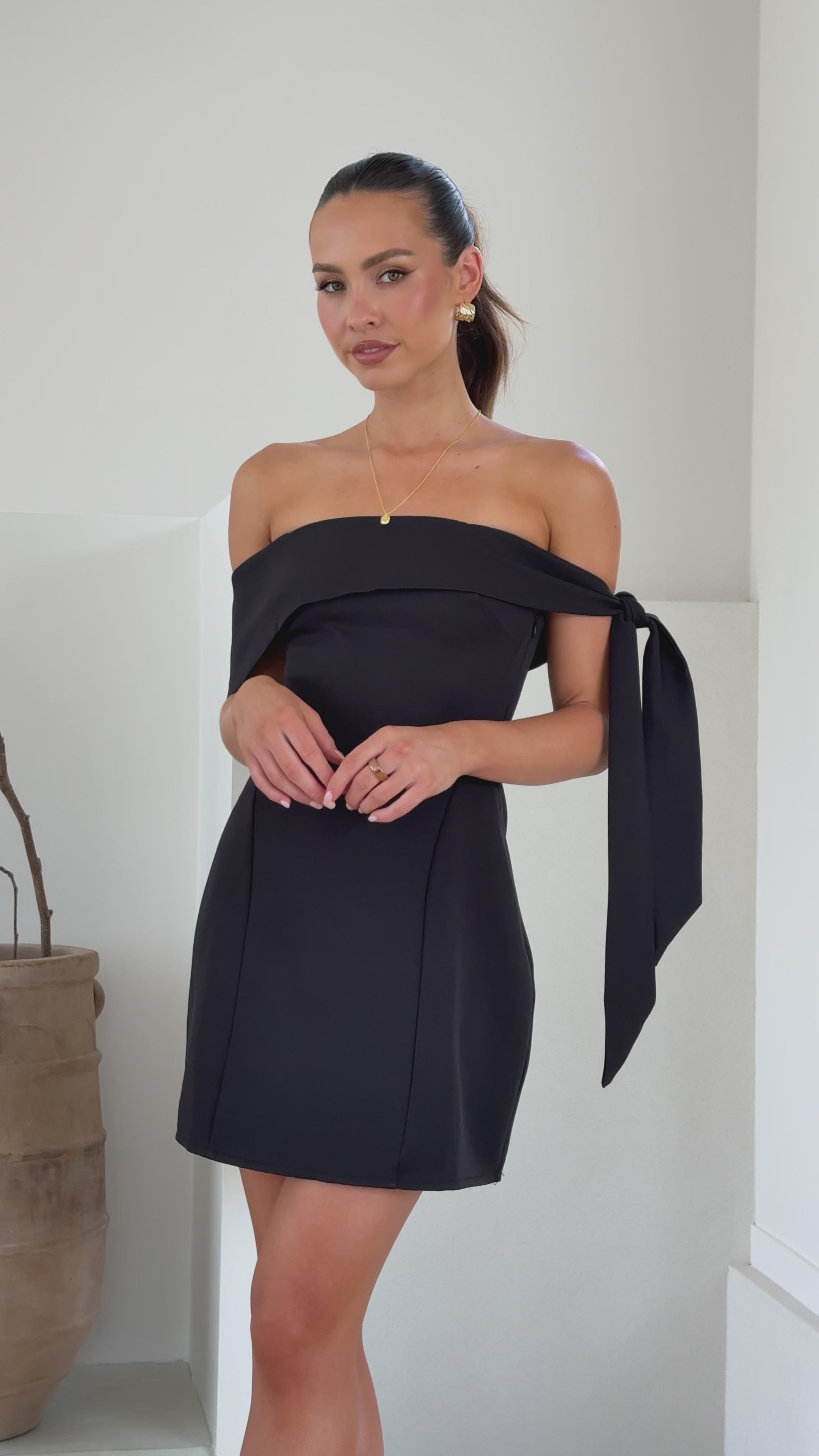 Load video: Halen Off Shoulder Mini Dress - Black - Billy J