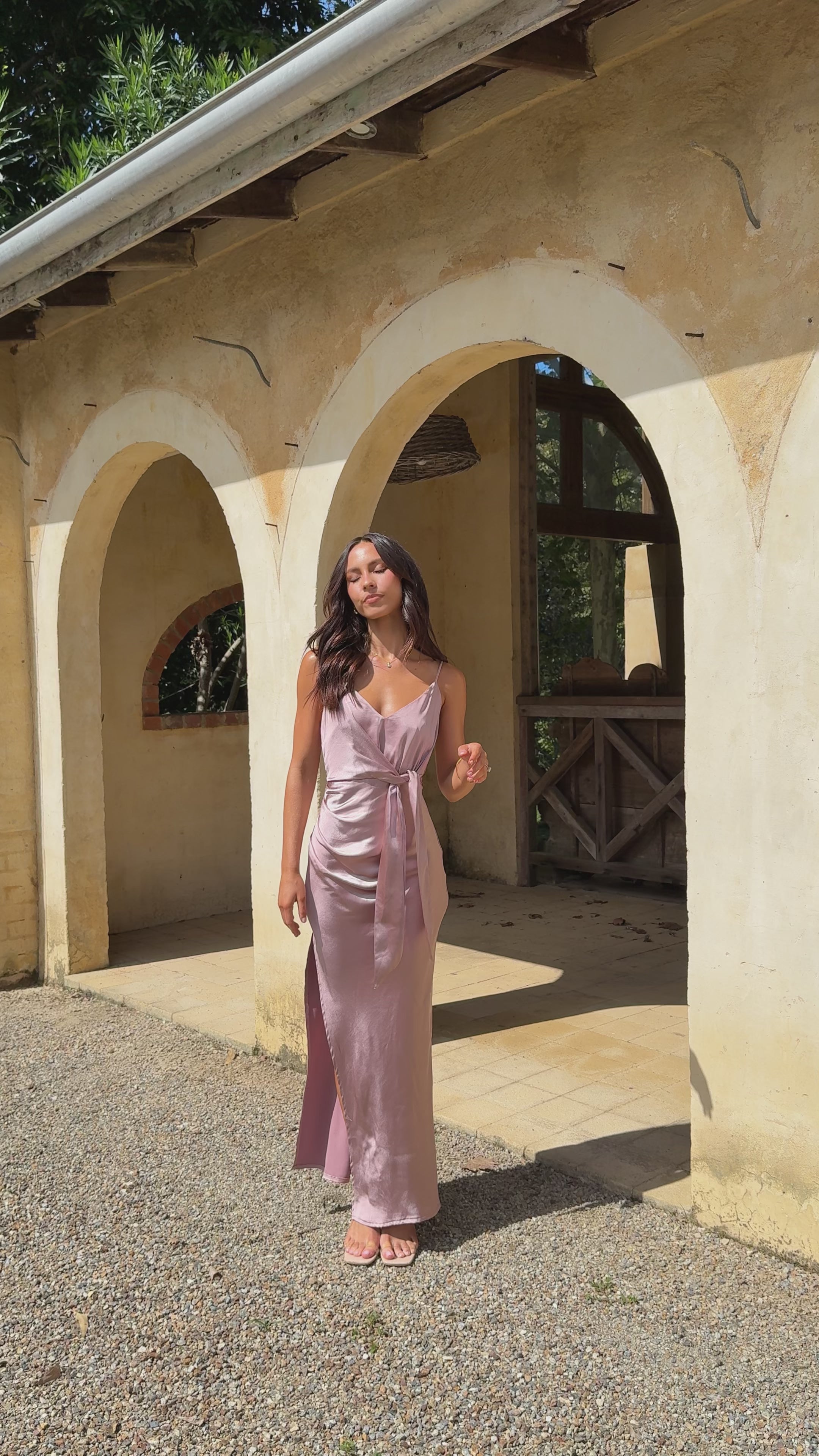 Load video: Yasmeen Tie Front Maxi Dress - Dusty Pink - Billy J