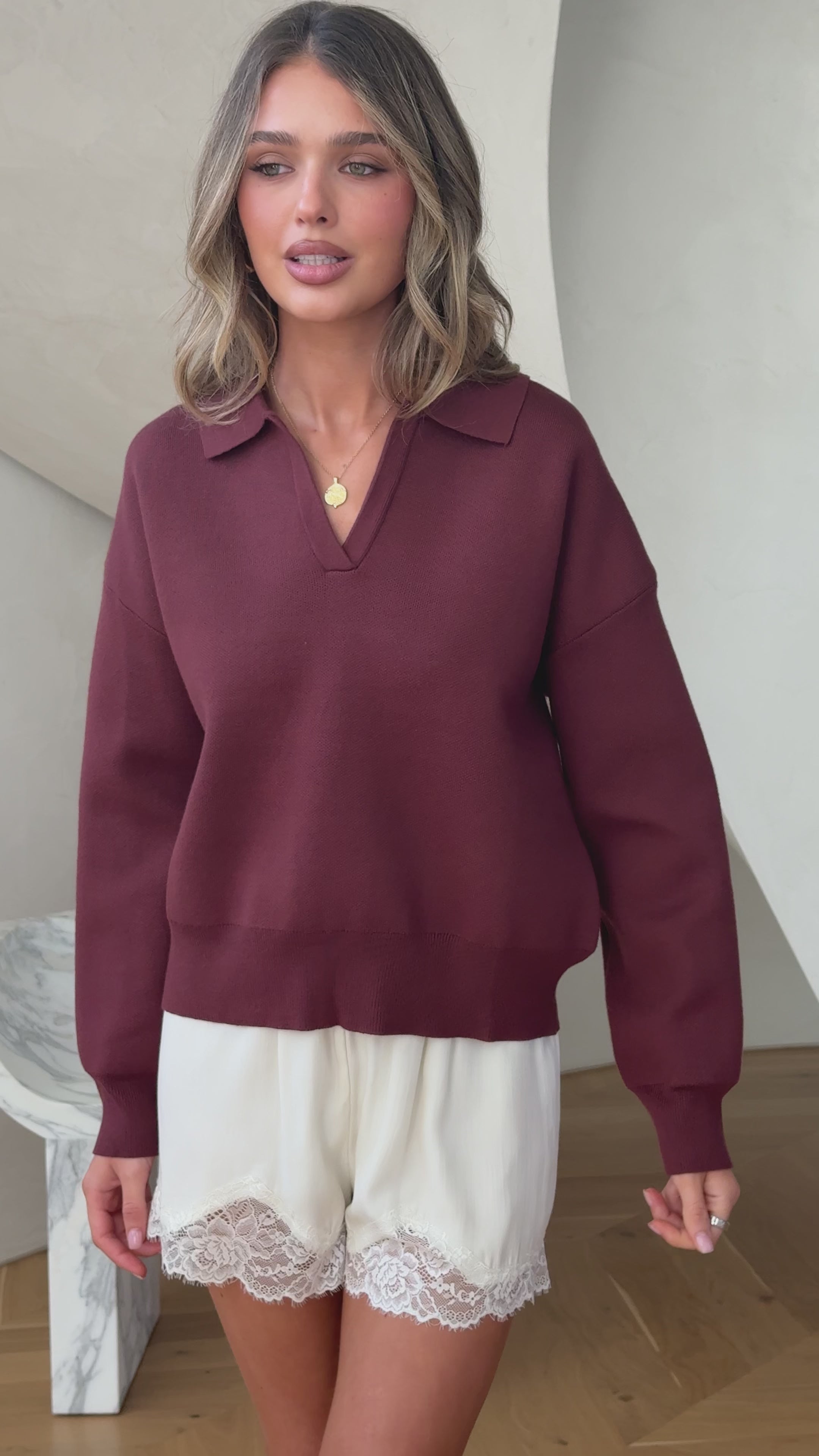 Load video: Rylie Collared Sweater - Brown - Billy J