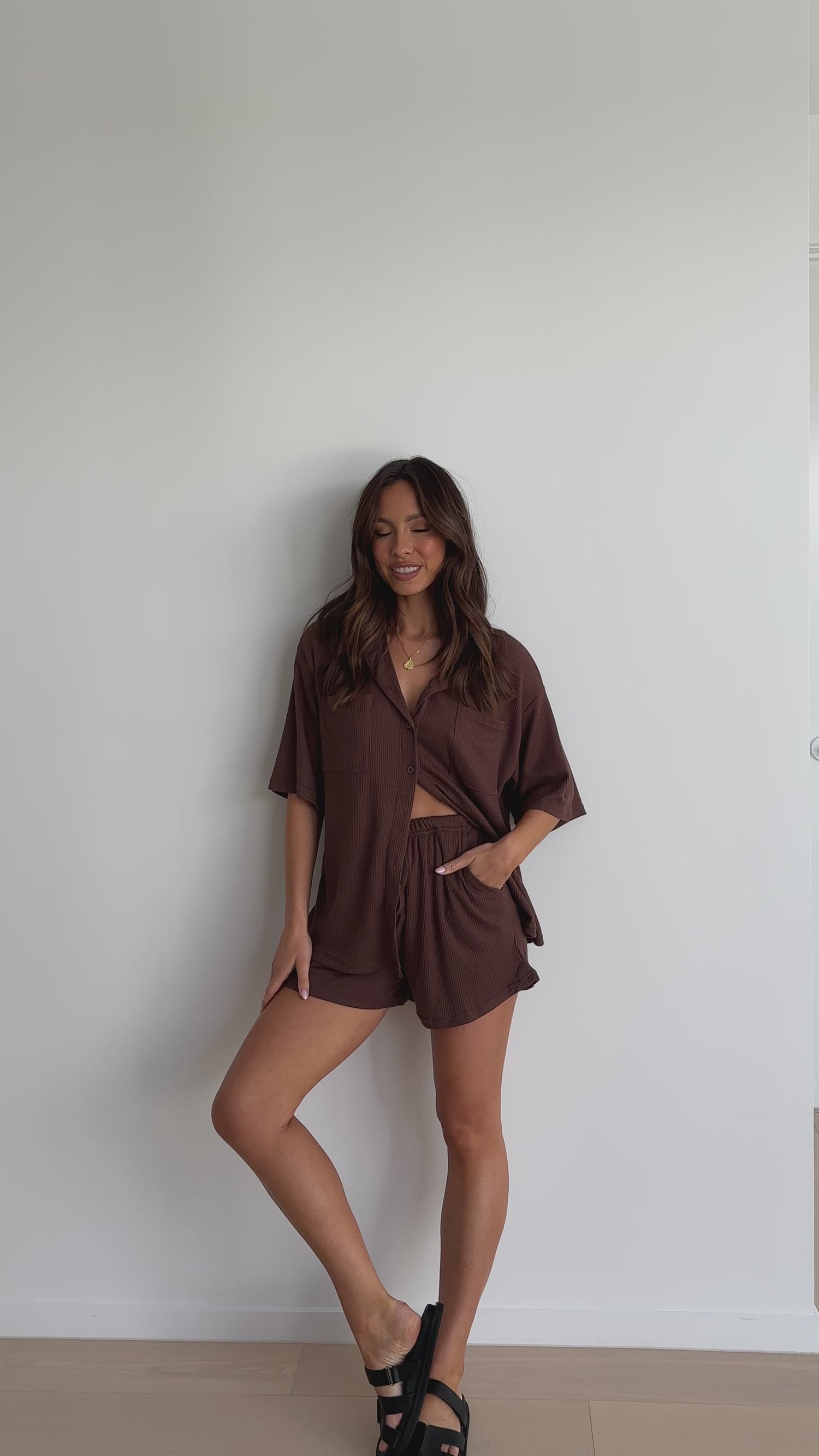 Machiko Button Up Shirt and Shorts Set - Brown Waffle Knit - Billy J