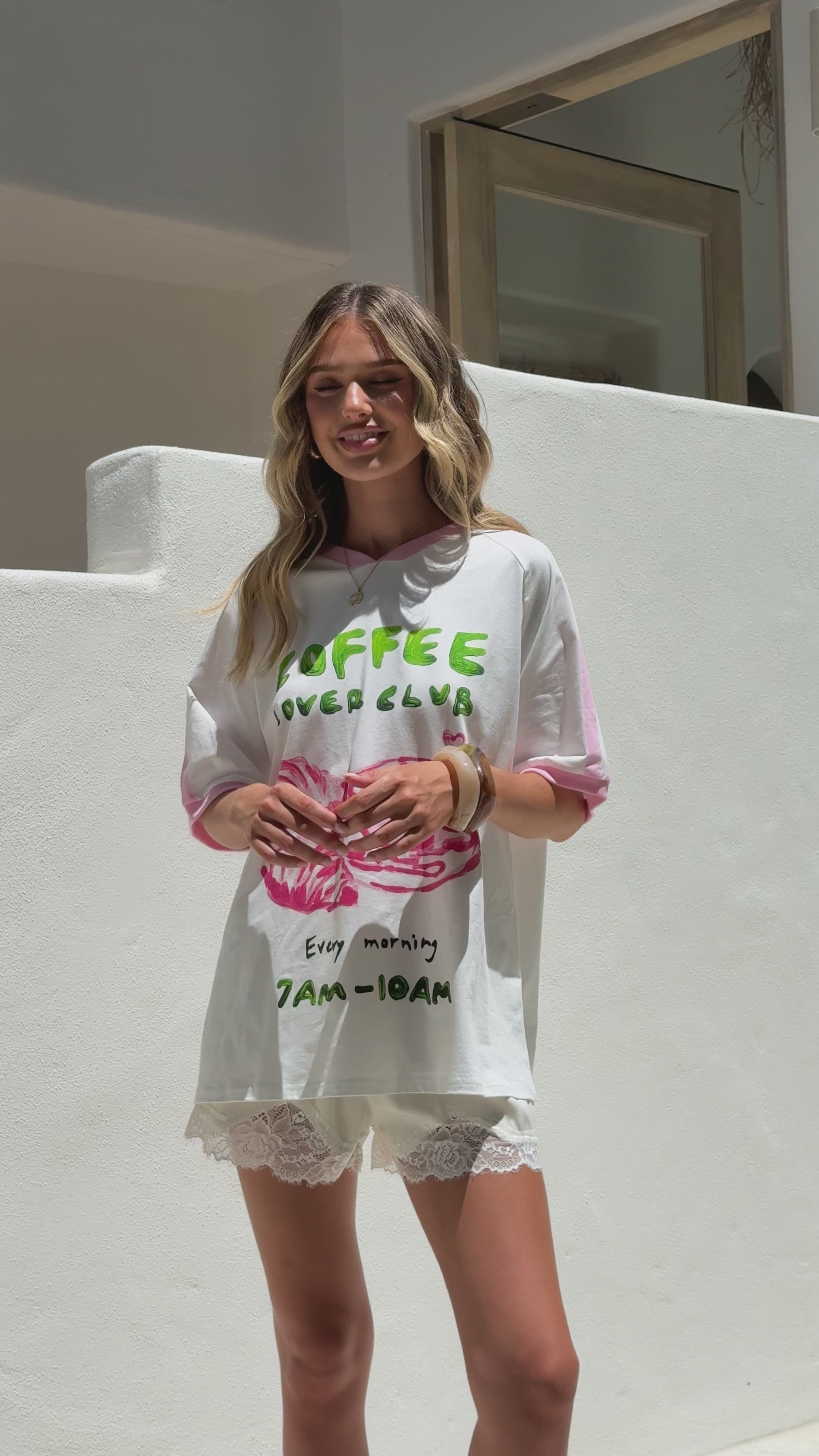 Load video: Coffee Lover Club Tee - White/Pink - Billy J