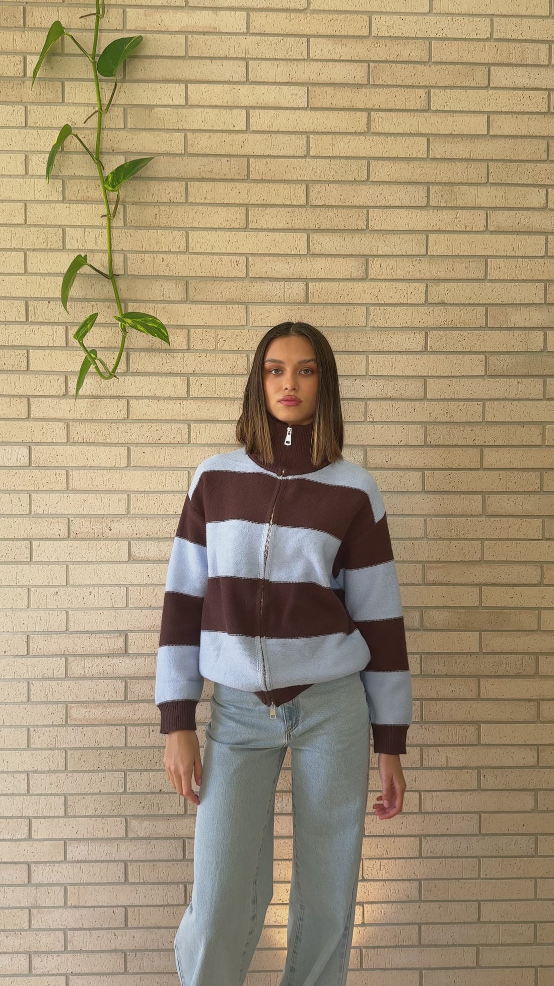 Tyla Zip-Up Sweater - Brown/Blue Stripe - Billy J