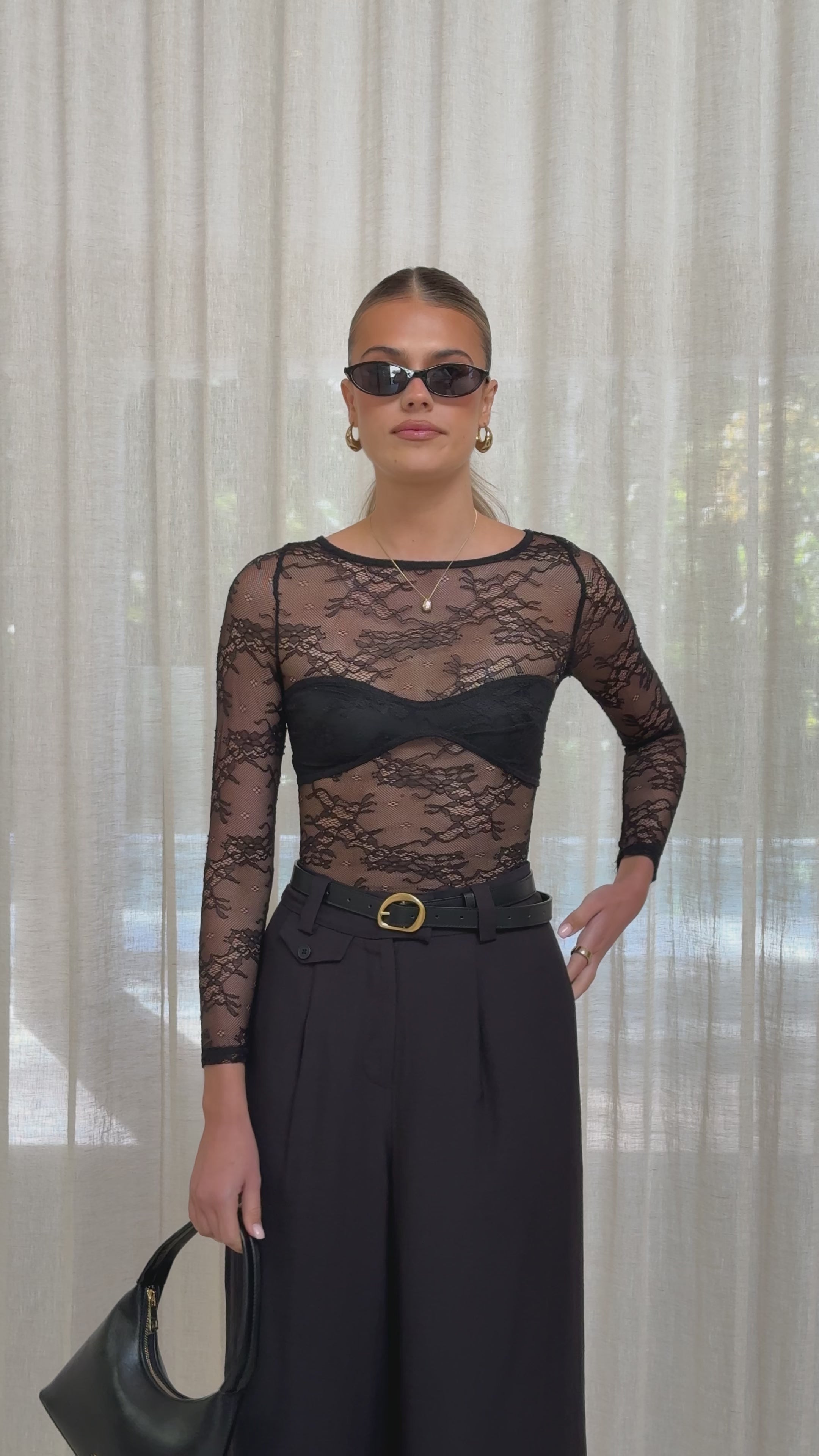 Load video: Eldora Long Sleeve Lace Top - Black - Billy J