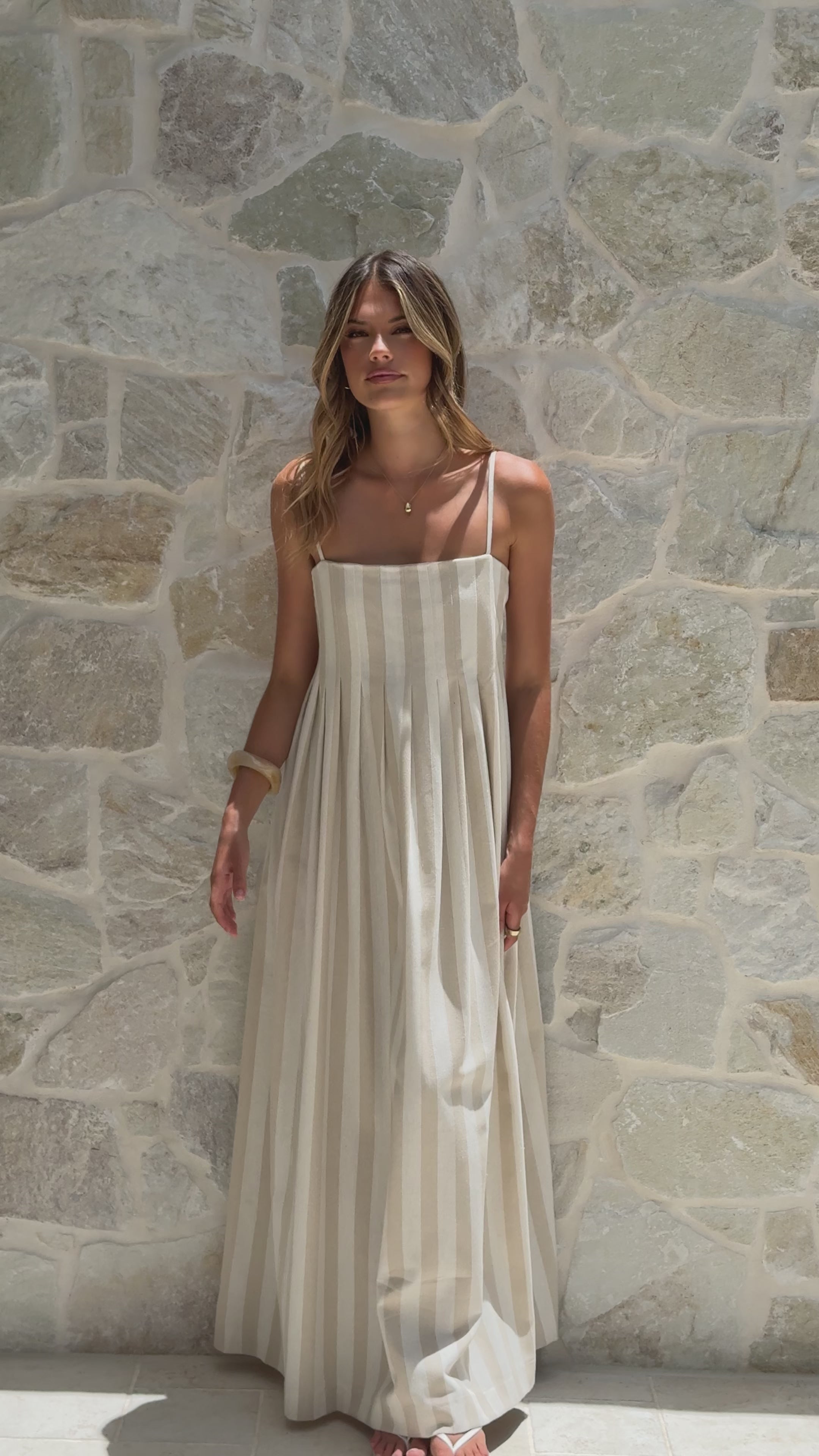 Load video: Pippa Maxi Dress - Beige Stripe - Billy J