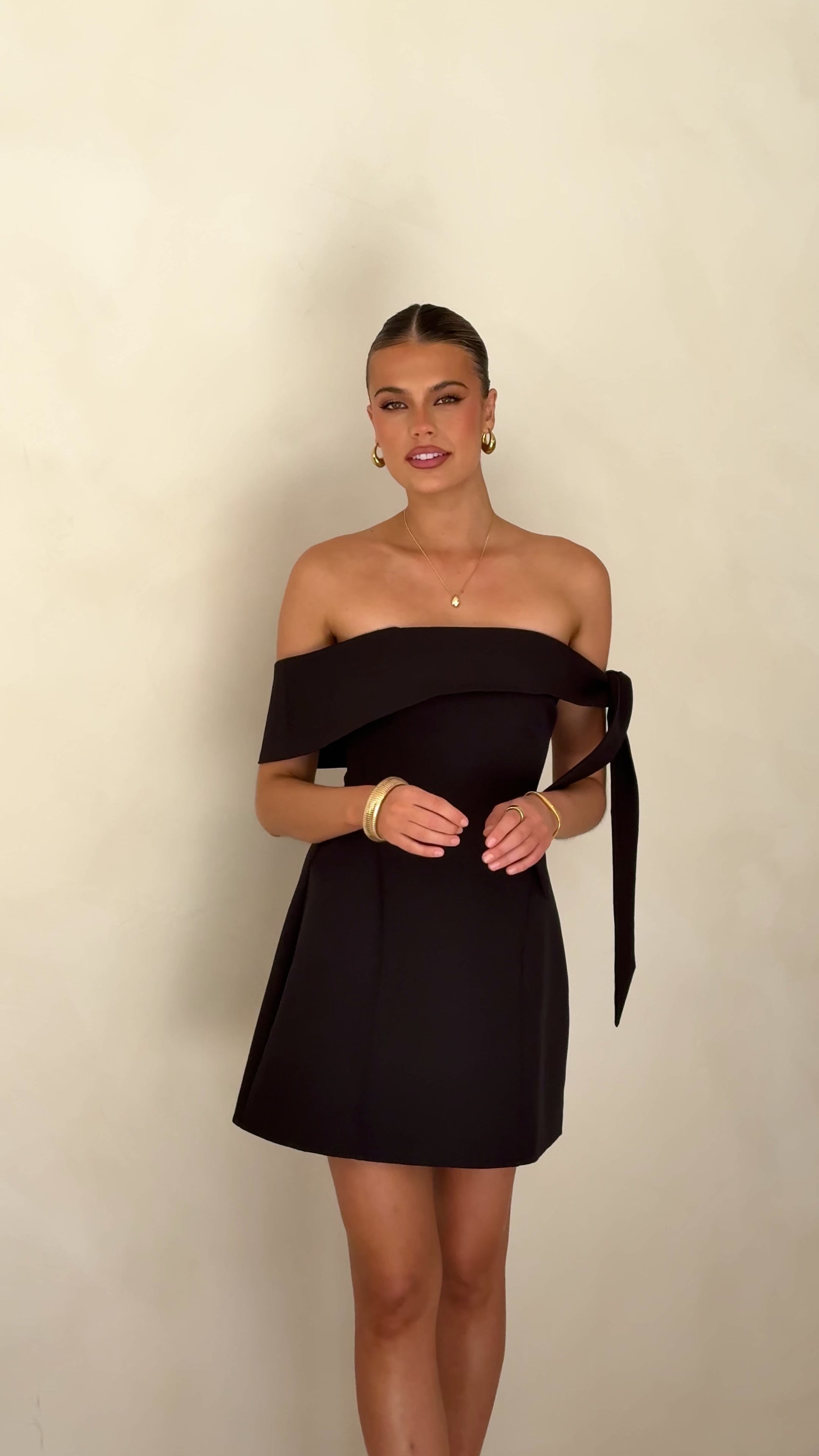 Load video: Halen Off Shoulder Mini Dress - Black - Billy J