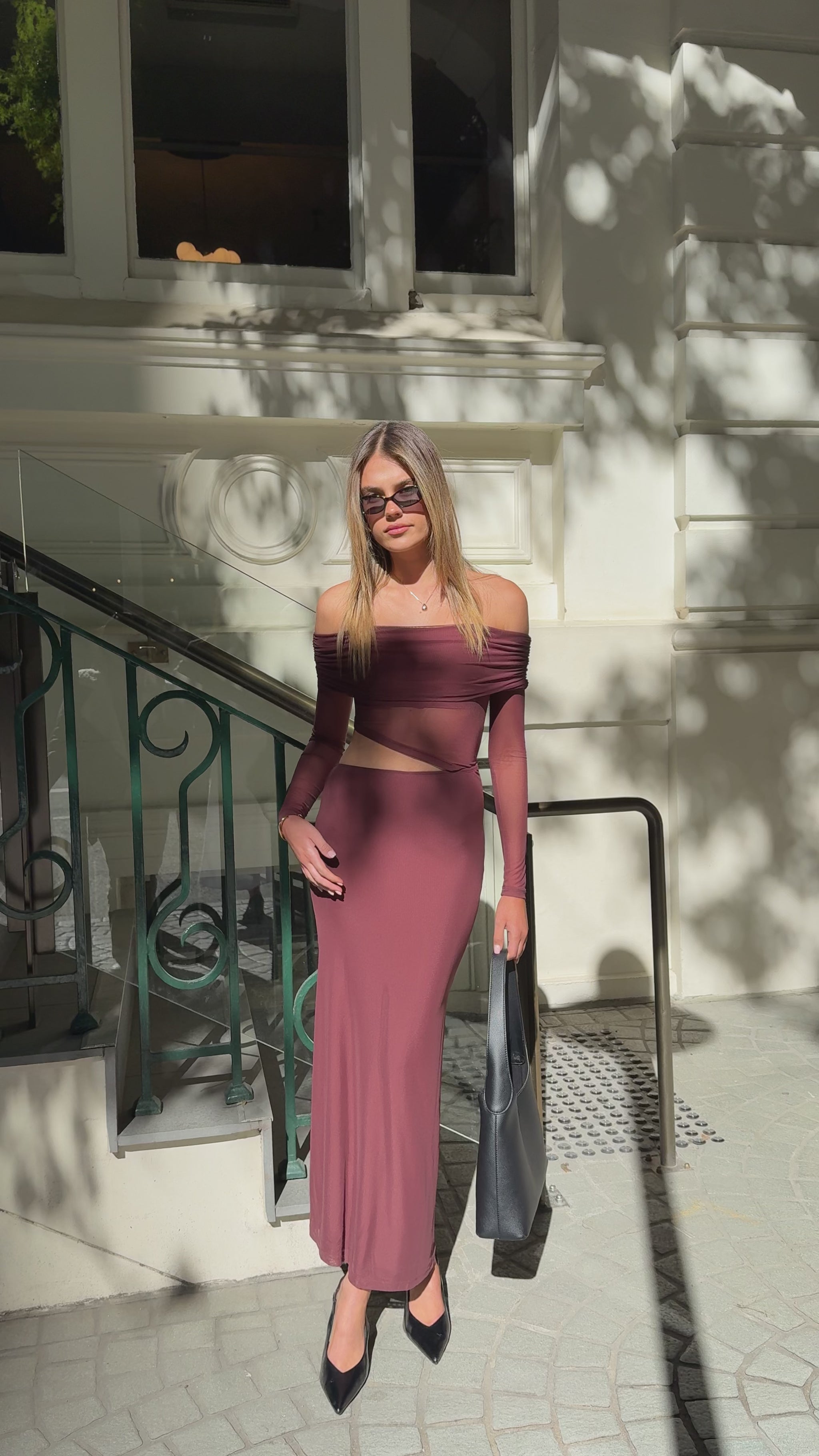 Blaire Off The Shoulder Maxi Dress - Chocolate - Billy J