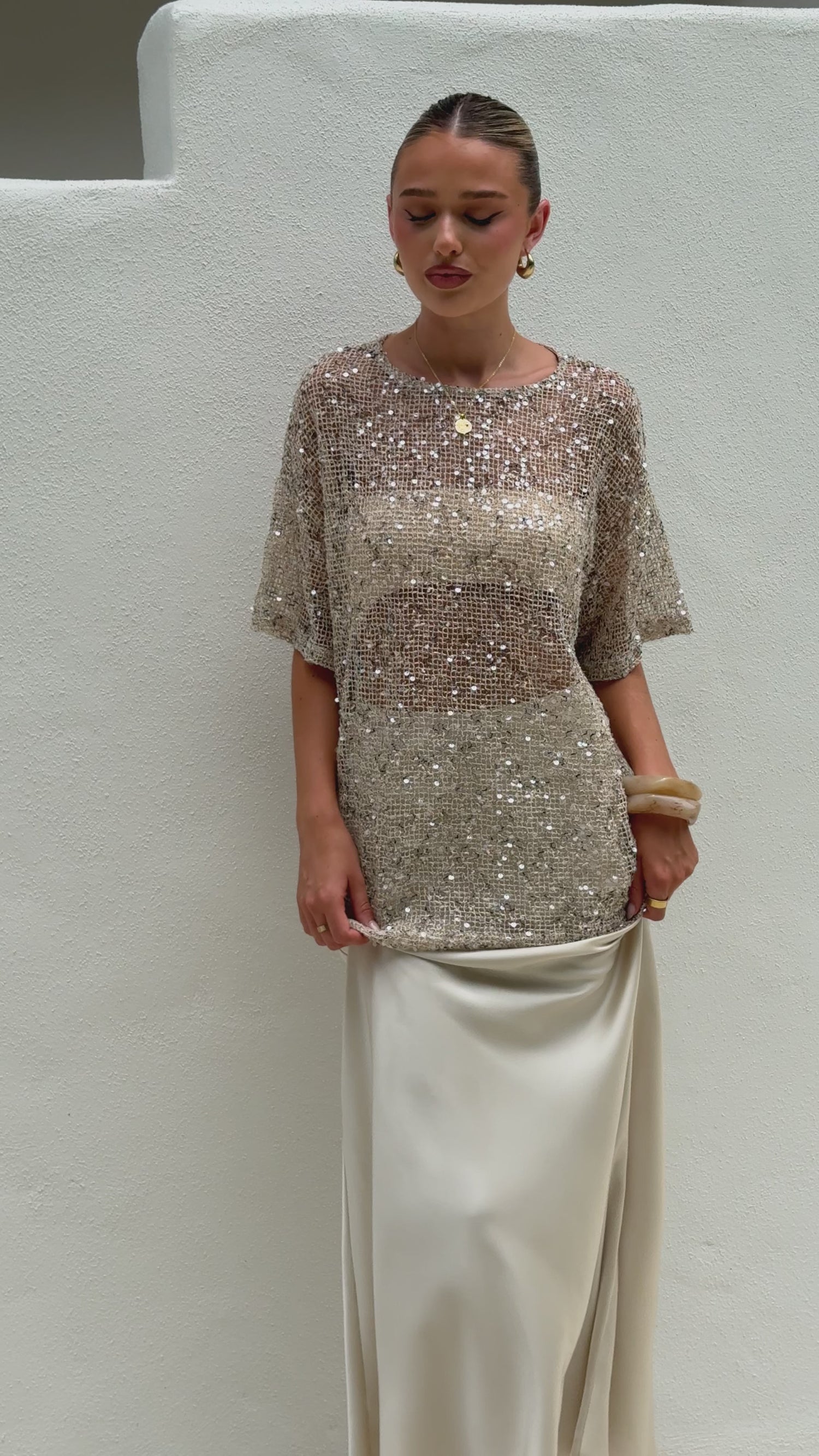 Zinnia Oversized Sequins Tee - Beige - Billy J