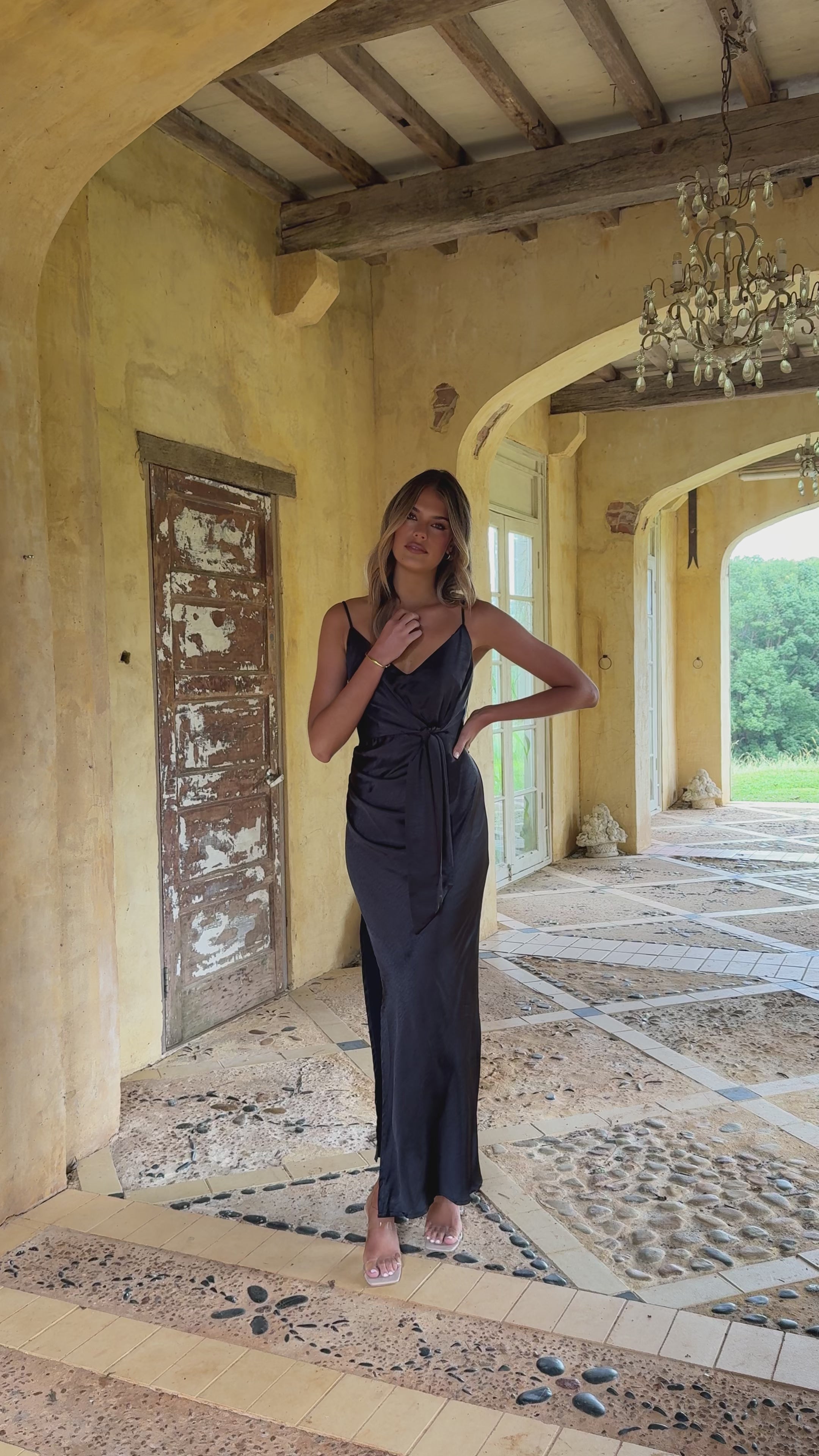 Load video: Yasmeen Tie Front Maxi Dress - Black - Billy J