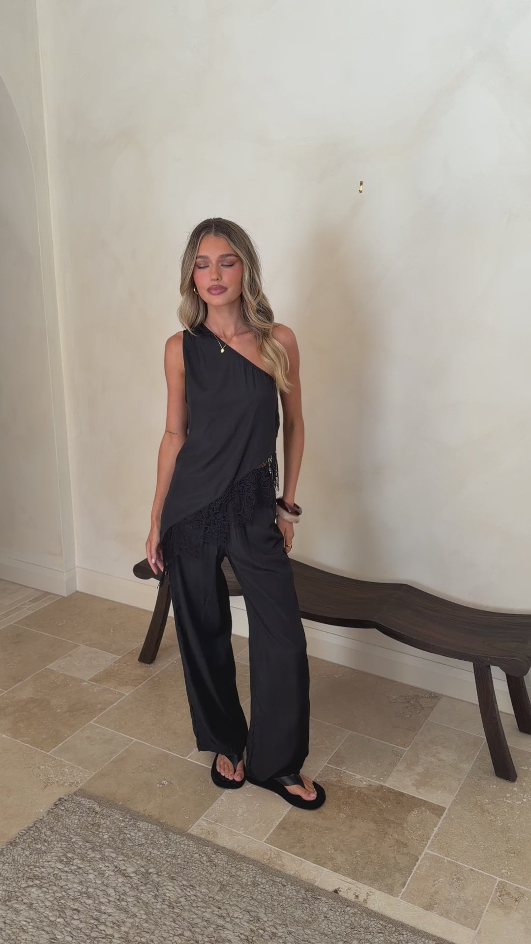 Load video: Baela One Shoulder Top &amp; Pants Set - Black - Billy J