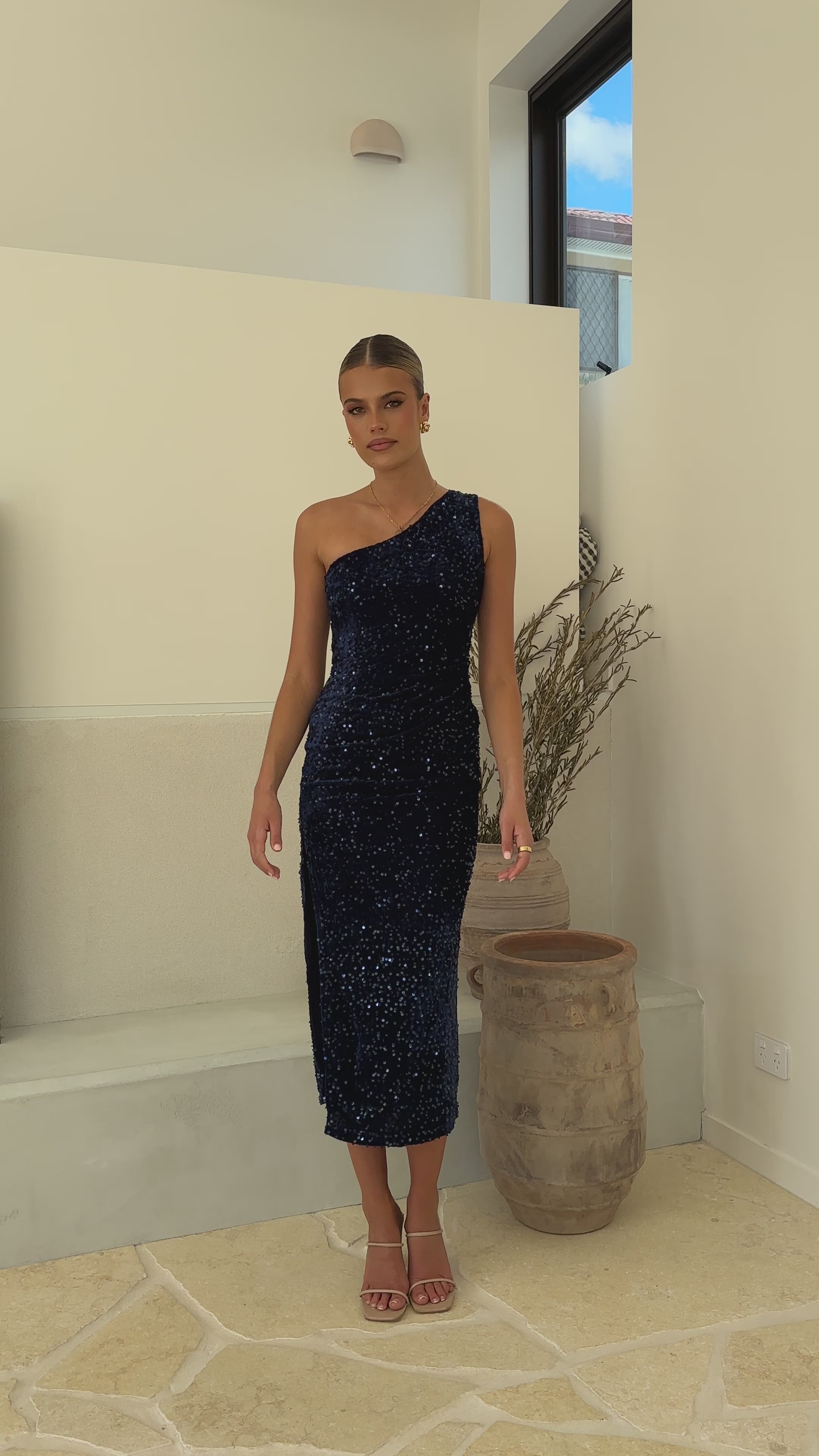 Load video: Anna Maxi Dress - Navy Sequins - Billy J