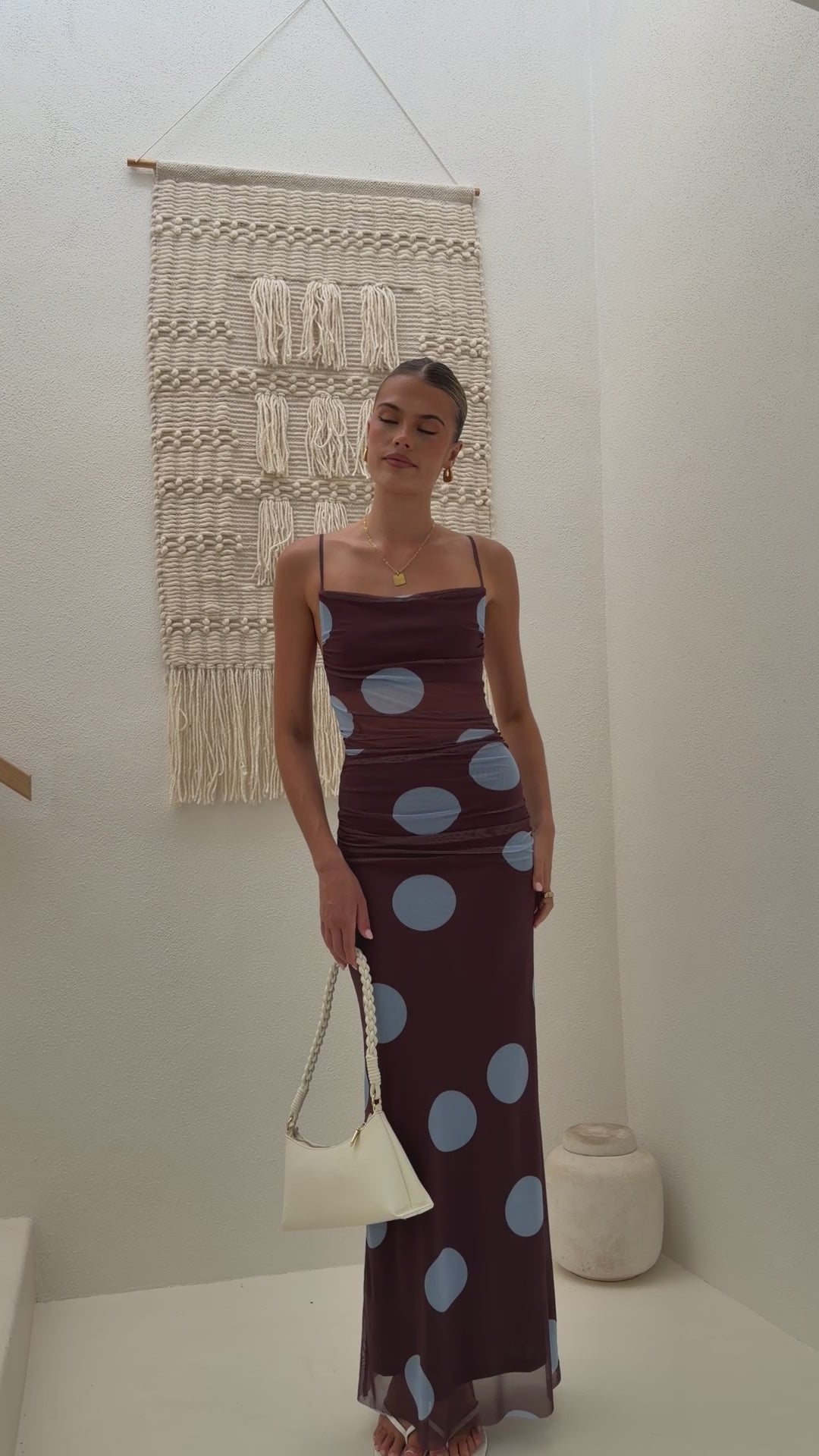 Load video: Loralei Mesh Maxi Dress - Brown / Blue Polka Dot - Billy J