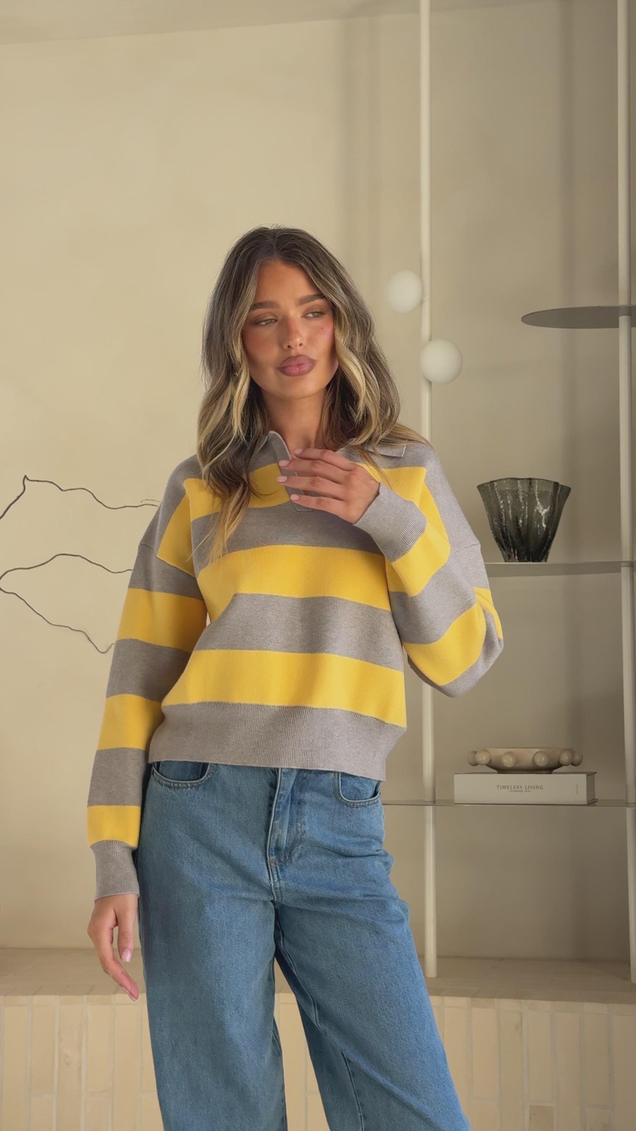 Load video: Kodi Sweater - Yellow/Grey Stripe - Billy J