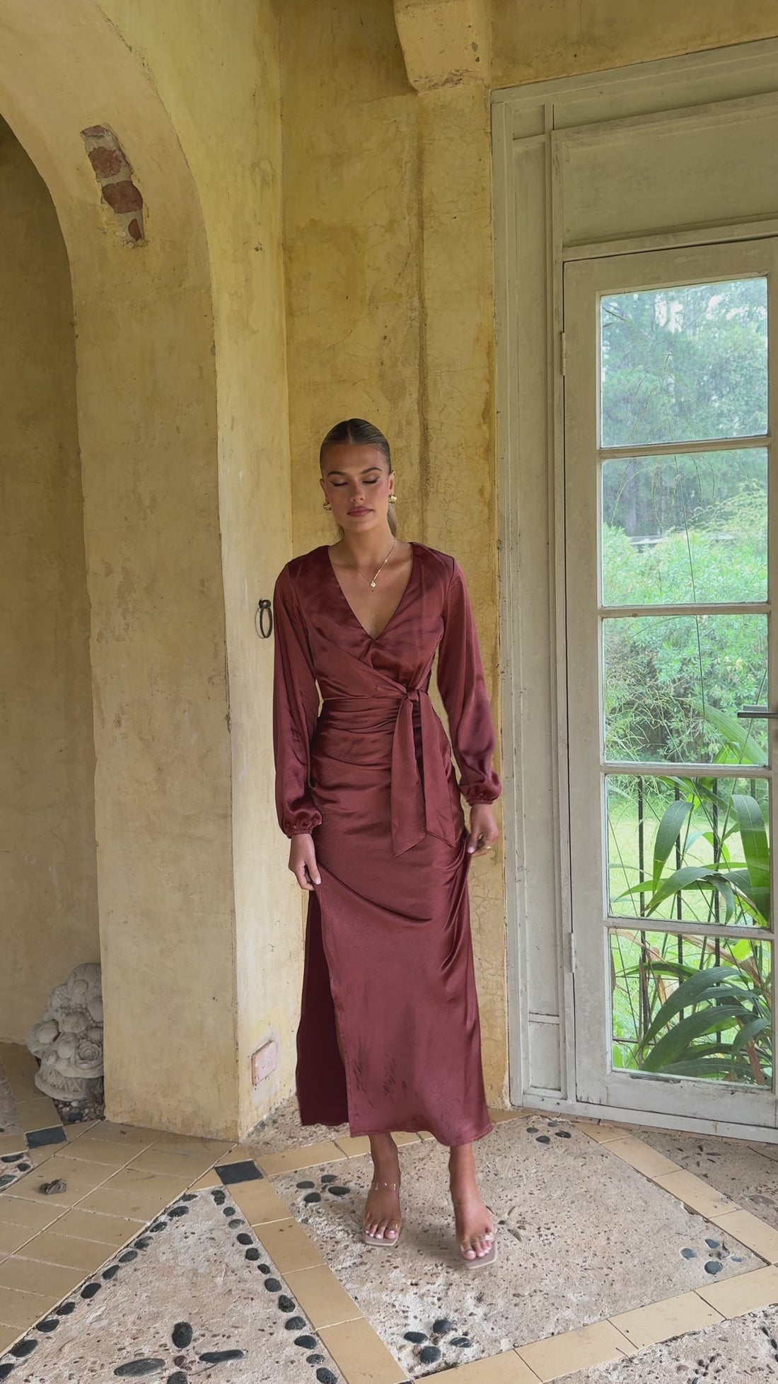 Ivy Long Sleeve Tie Front Maxi Dress - Rust - Billy J