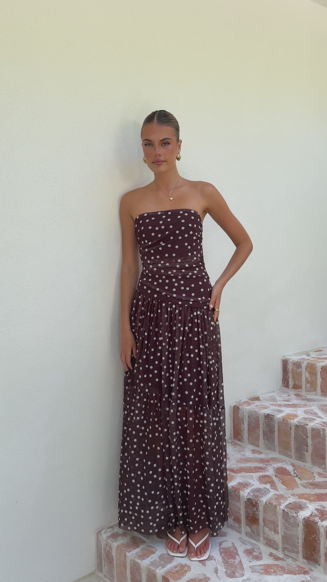 Riko Strapless Maxi Dress - Chocolate Polka - Billy J