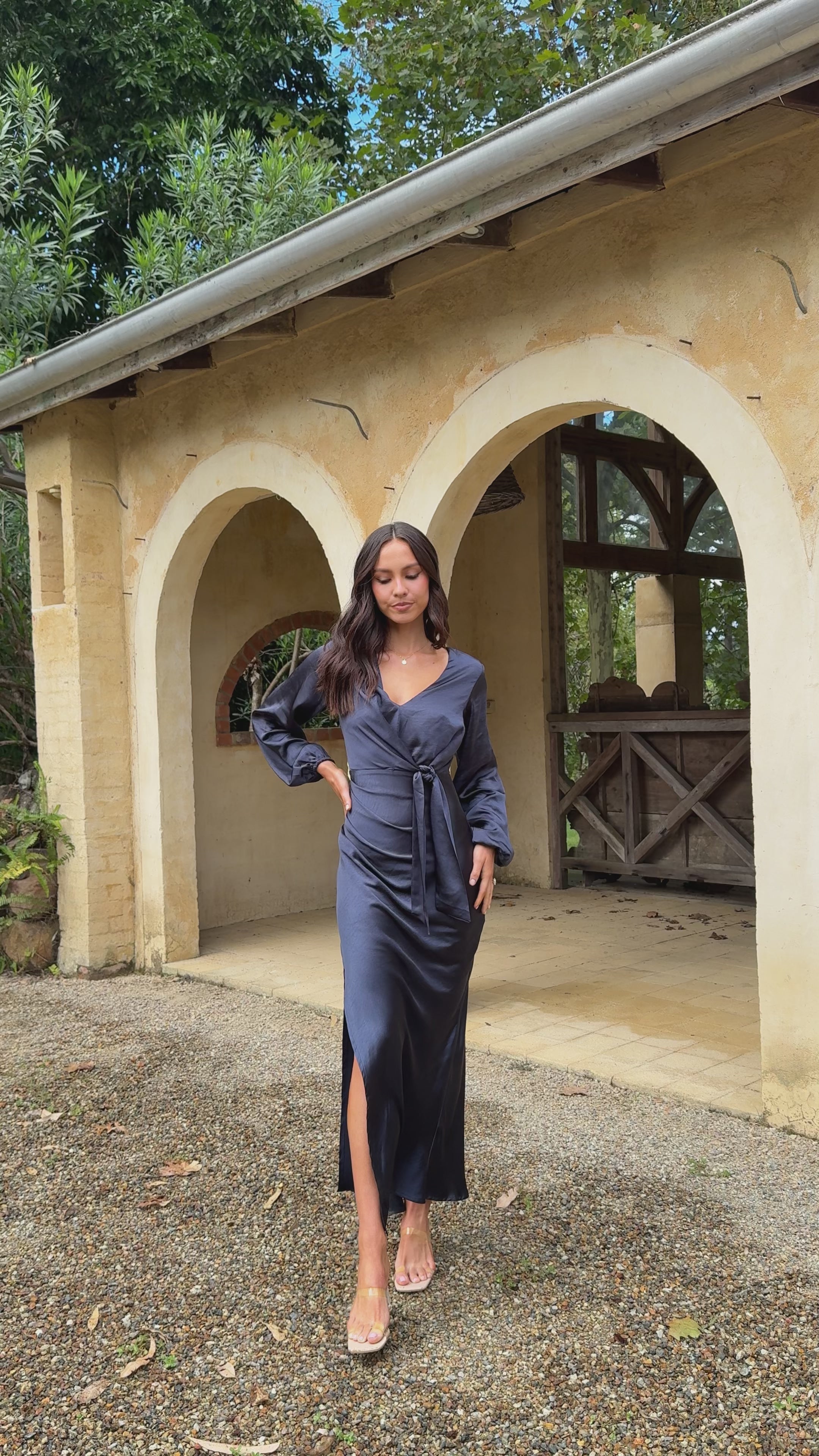 Load video: Ivy Long Sleeve Tie Front Maxi Dress - Navy - Billy J