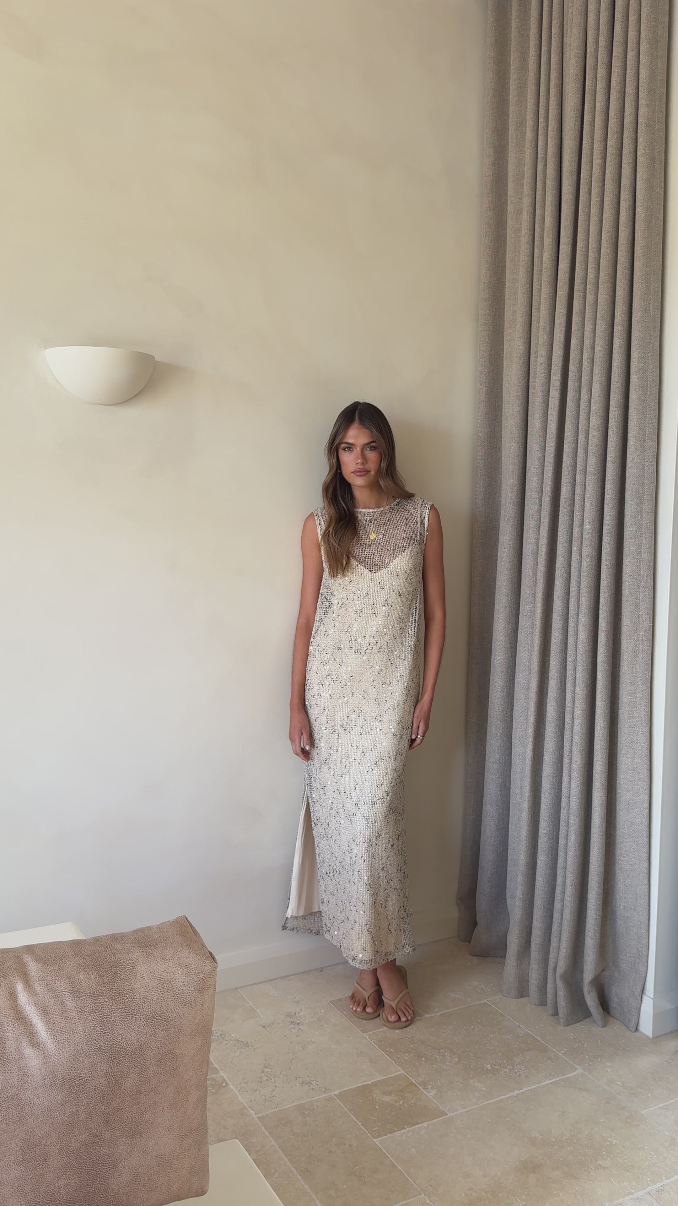 Load video: Matisse Sequins Maxi Dress - Cream - Billy J