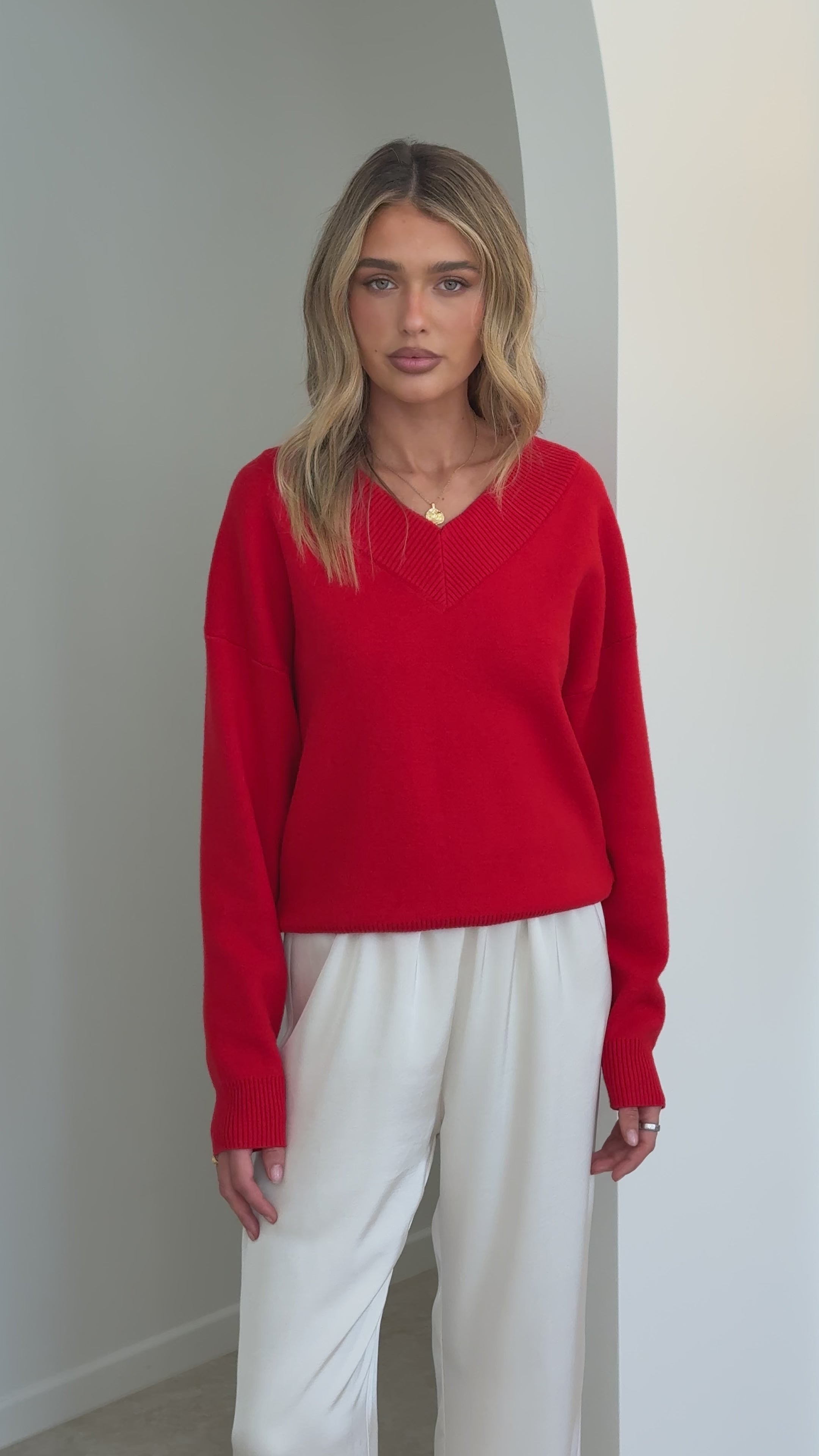 Load video: Sophie Knit Sweater - Red - Billy J
