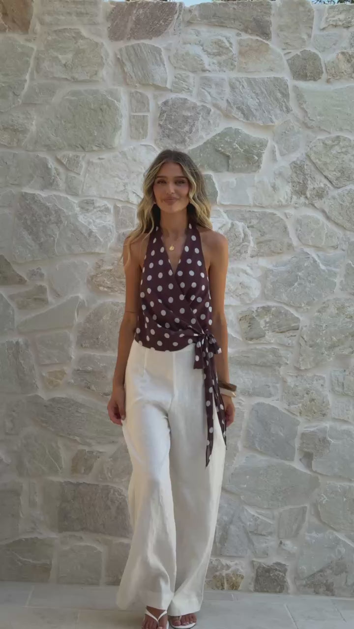 Load video: Belle Halter Neck Top - Choc/White Polka Dot - Billy J
