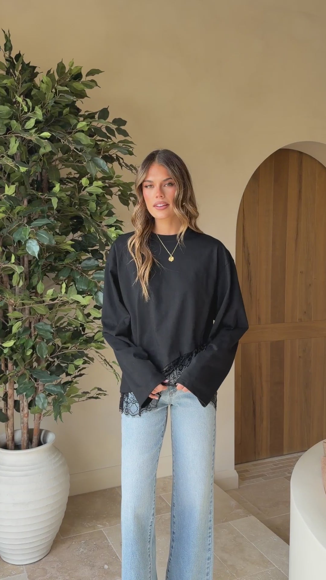 Load video: Javi Long Sleeve Lace Top - Black - Billy J