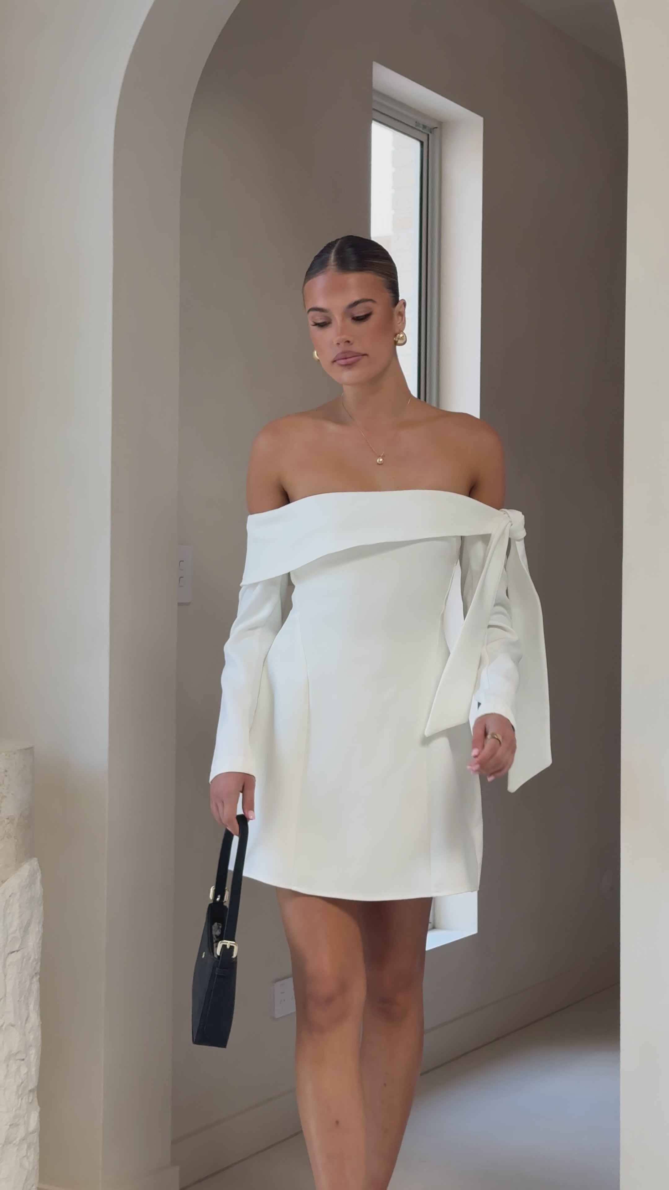 Load video: Halen Long Sleeve Mini Dress - White - Billy J