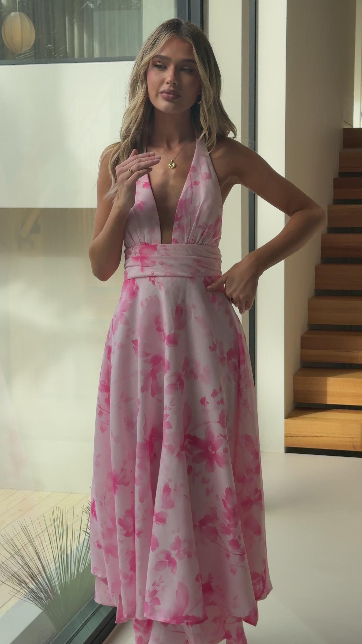 Kathy Halter Neck Maxi Dress - Baby Pink Floral - Billy J