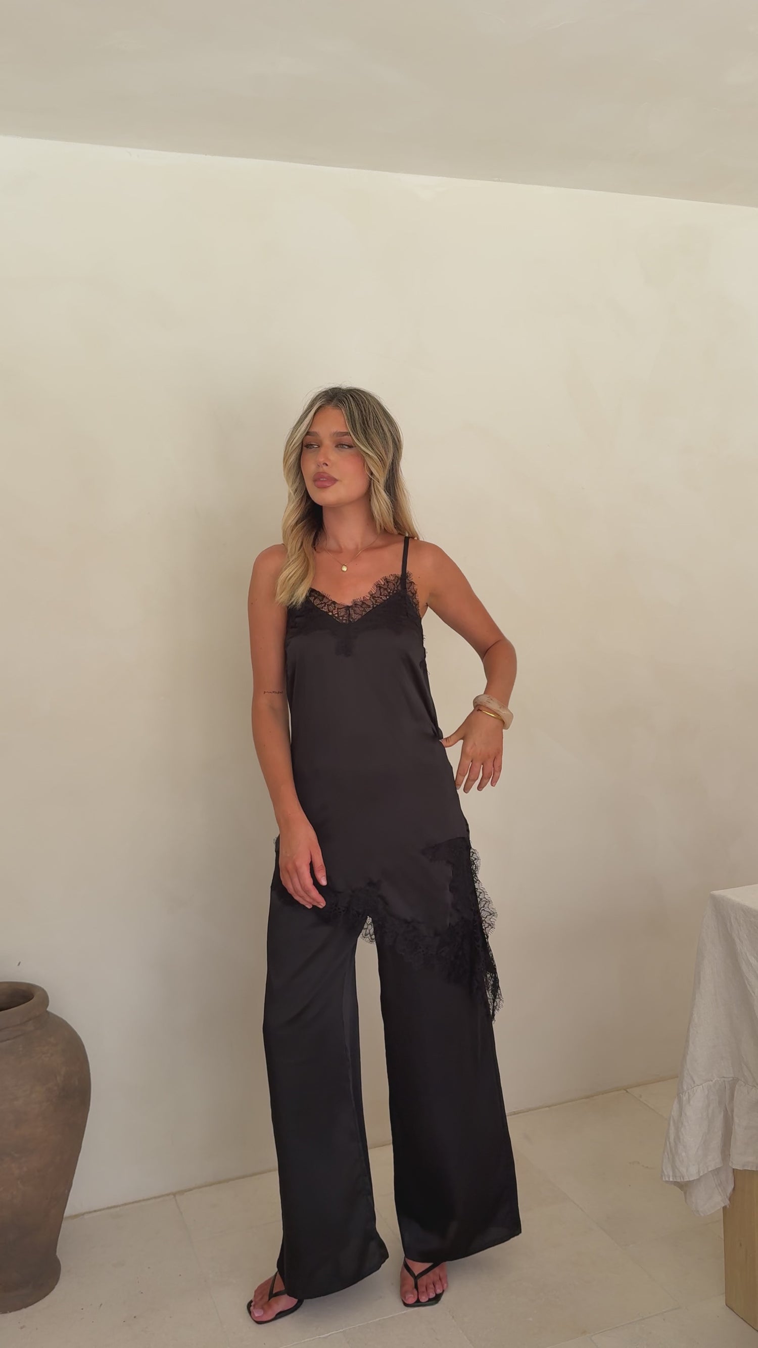 Hayleigh Asymmetrical Top and Pants Set - Black/Lace - Billy J