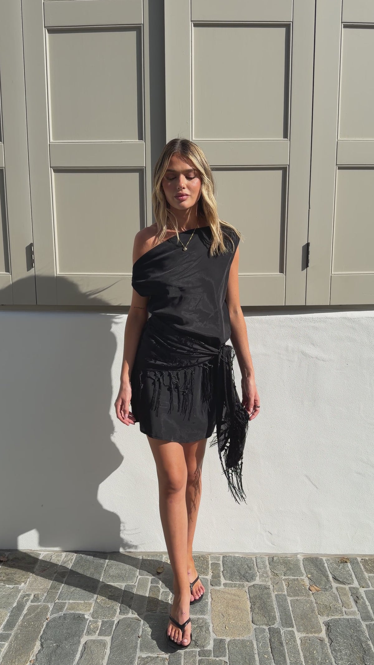 Laia Off Shoulder Mini Dress and Fringe Scarf - Black - Billy J