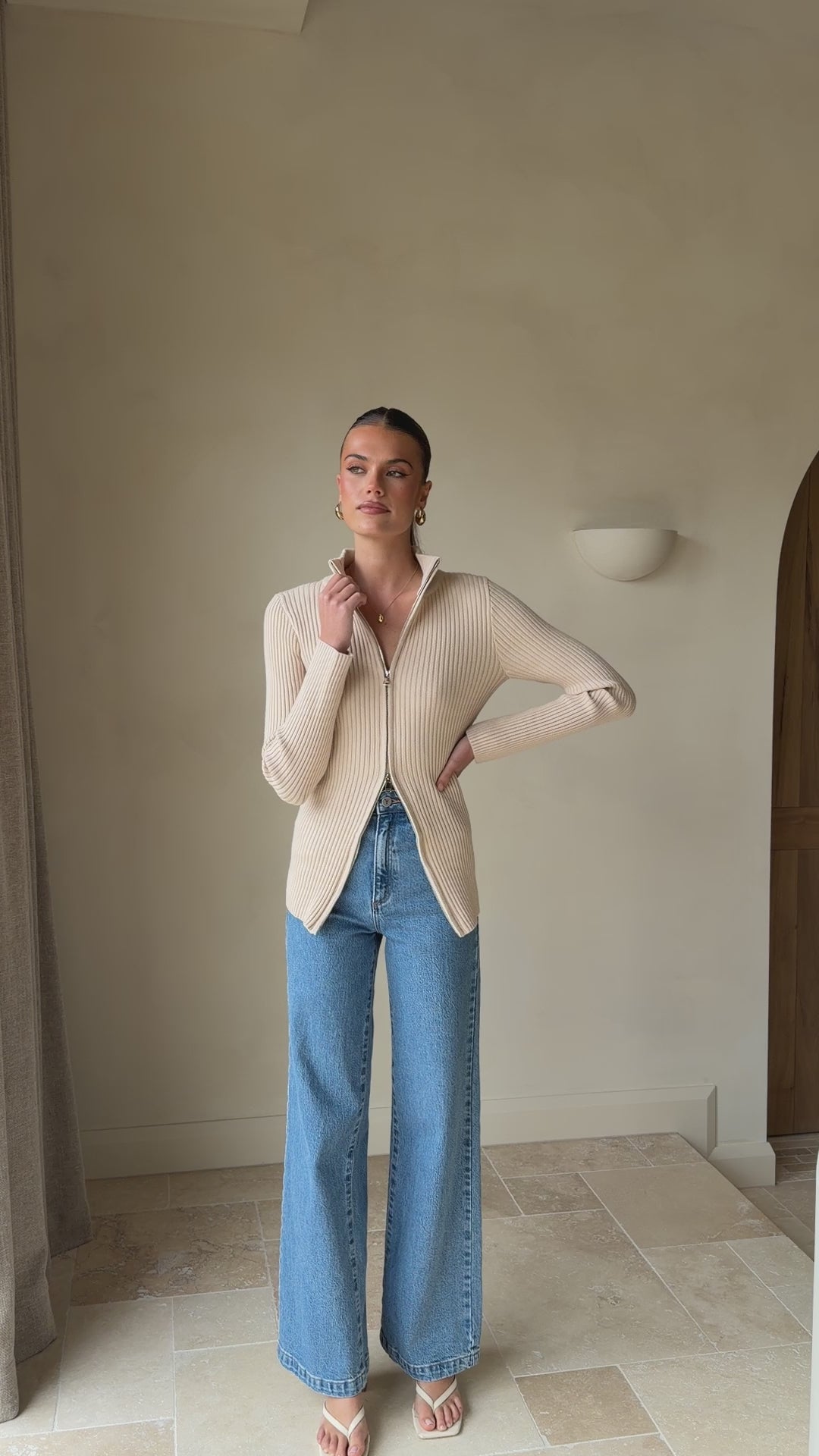 Load video: Cleo Long Sleeve Top - Beige - Billy J