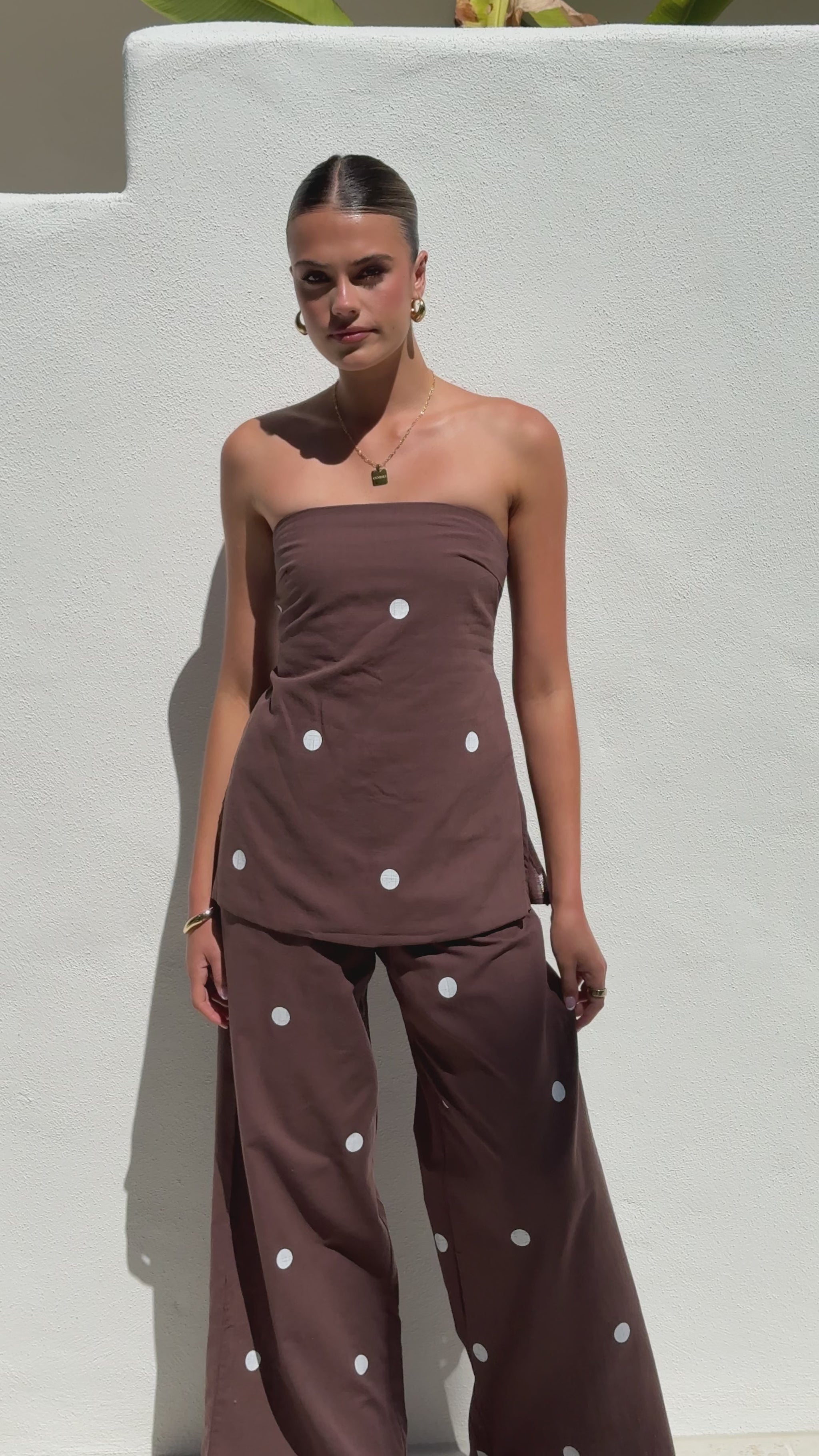Kailani Strapless Top and Pants Set - Chocolate / White Polka Dot - Billy J