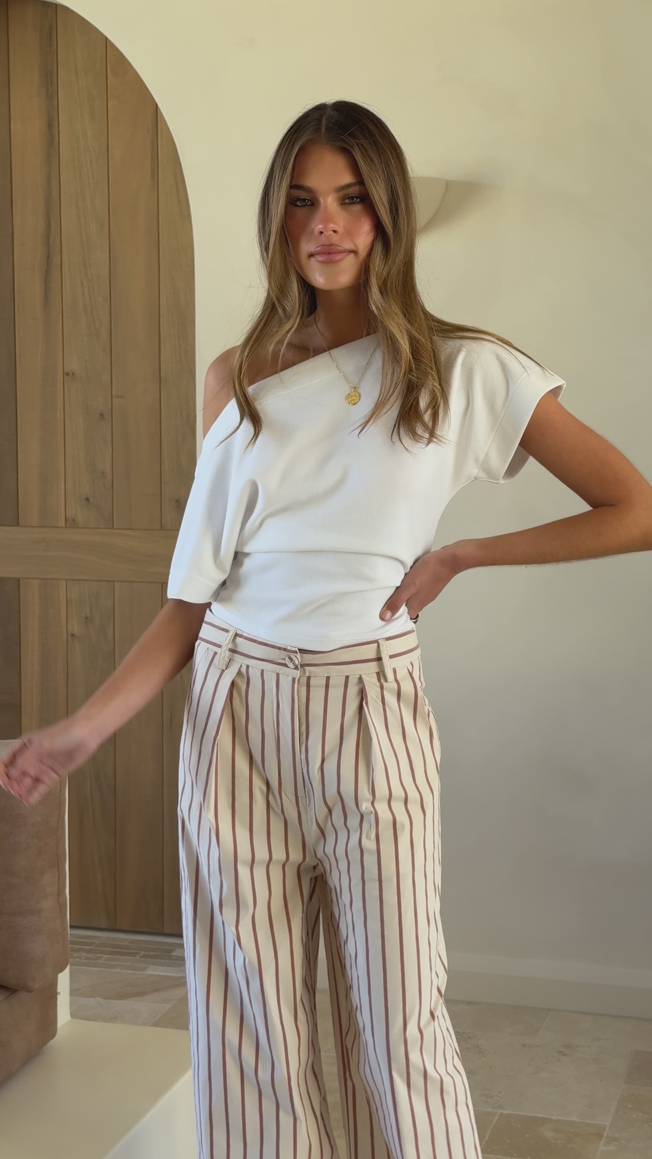 Load video: Tasmine Pants - White/Mauve Stripe - Billy J