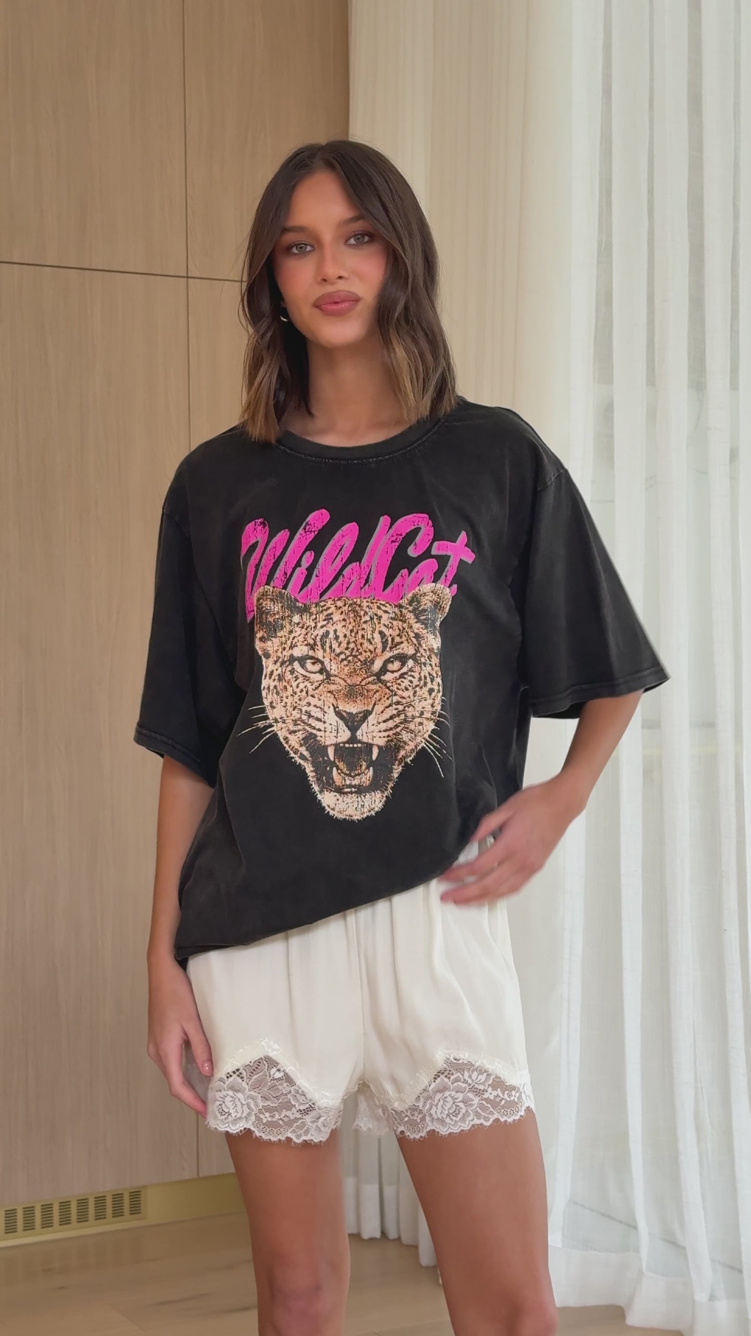 Wild Cat Oversized Tee - Black Acid Wash - Billy J