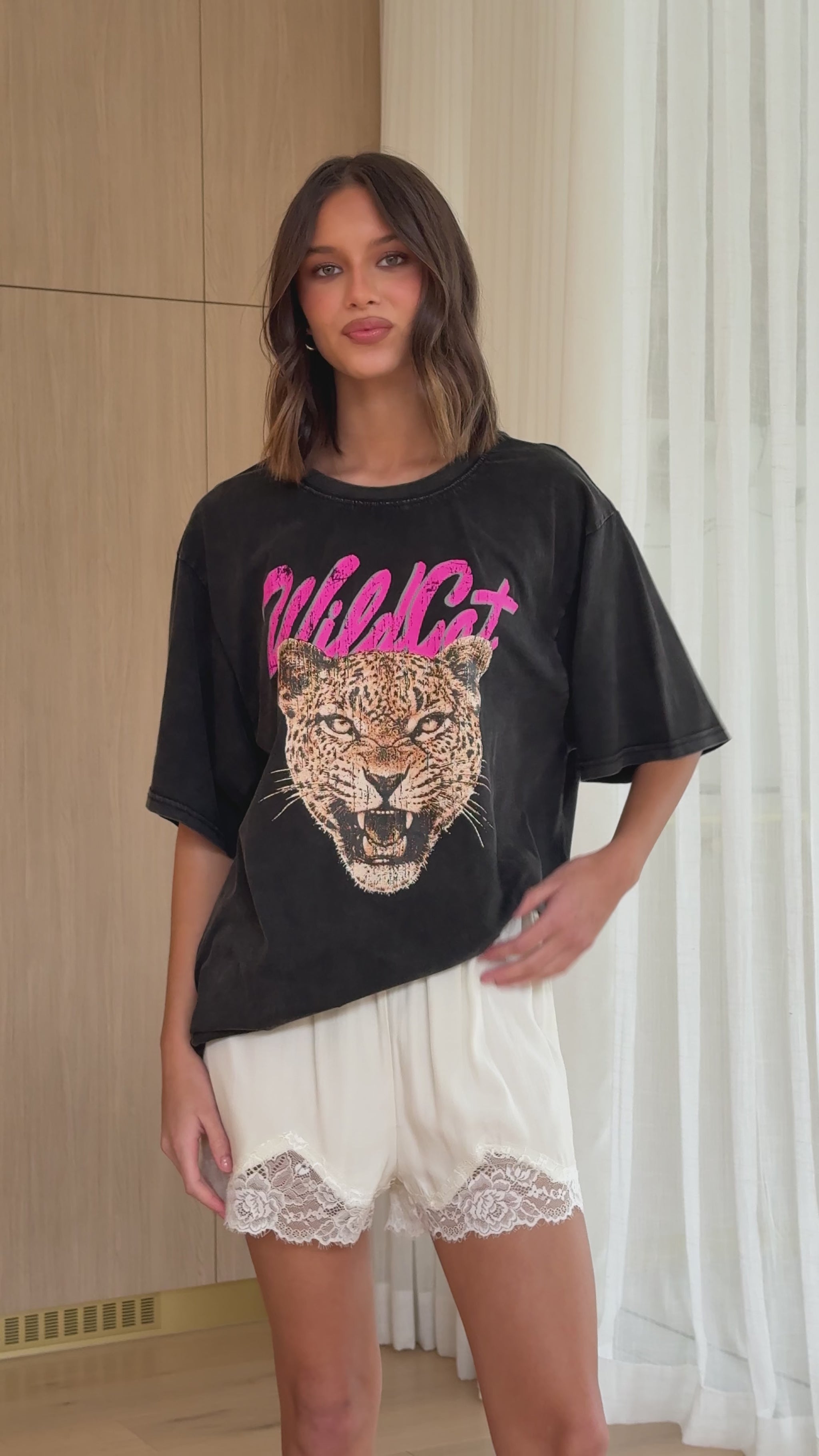 Wild Cat Oversized Tee - Black Acid Wash - Billy J