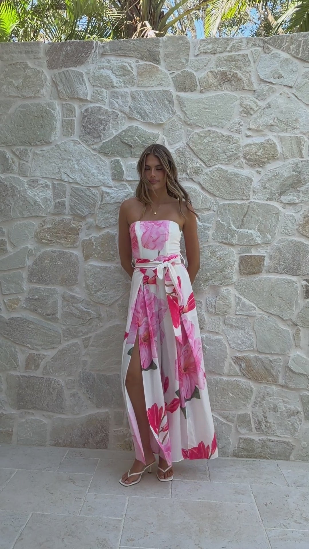 Carson Front Split Strapless Jumpsuit - Pink Floral - Billy J