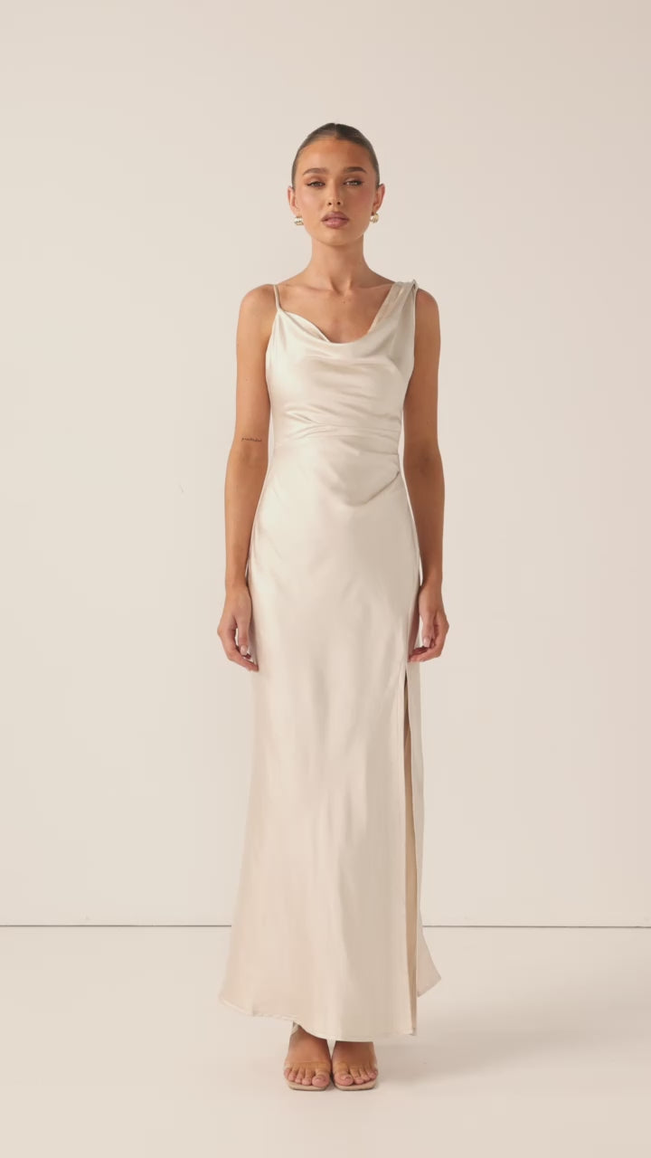 Load video: Iris Asymmetrical Maxi Dress - Champagne